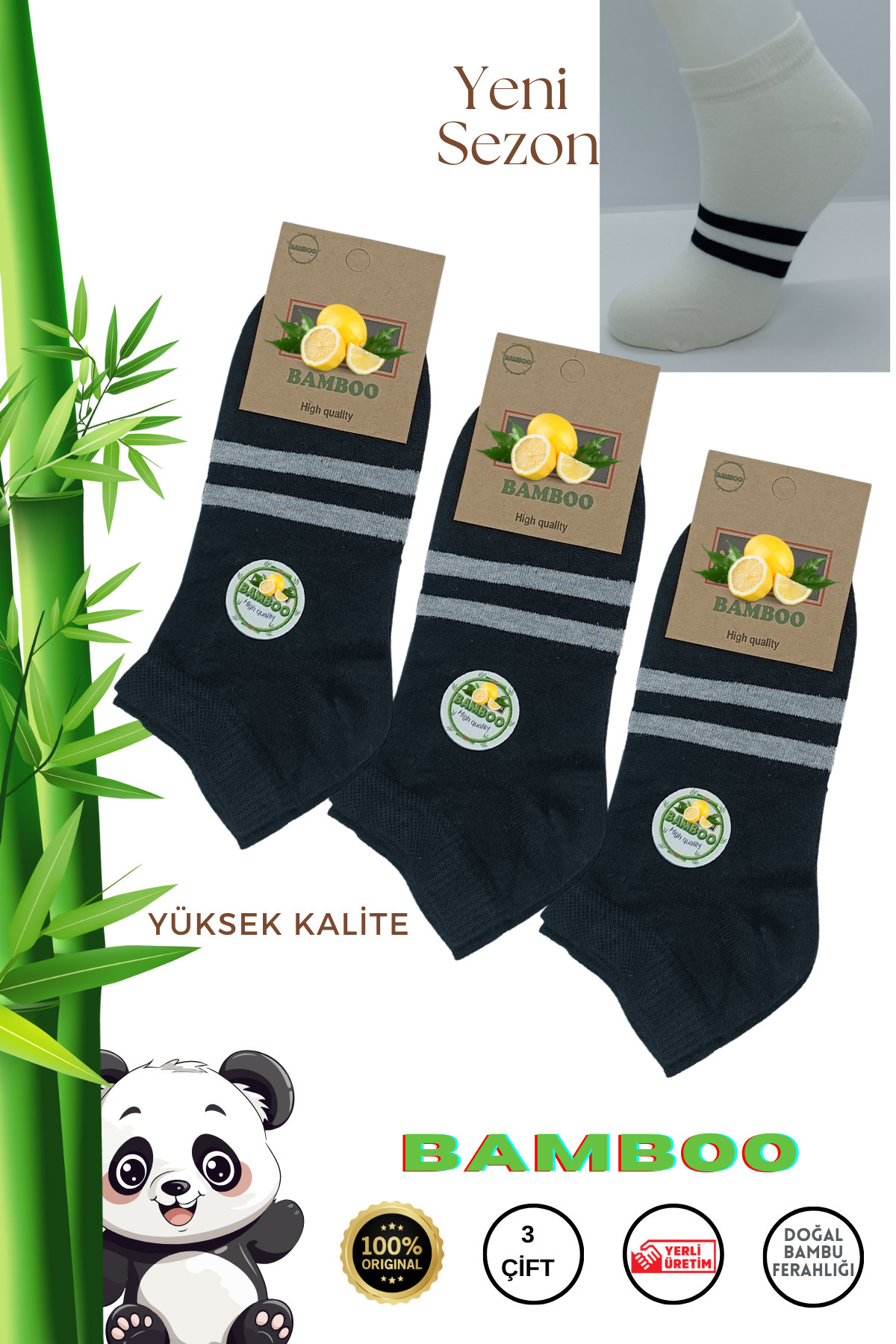 Dikişsiz Bambu Erkek Çorap (3 Çift) Desenli Patik Çorap — görsel 3
