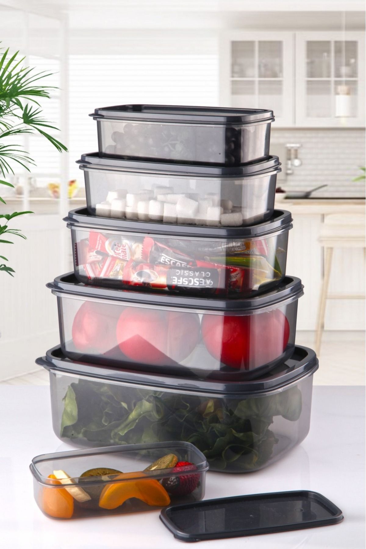 Open Home Concept-Set of 6 Rectangular Anthracite Storage Containers 300 Ml-500 ml 800 ml 1200 ml 1900 ml 2900 ml 2