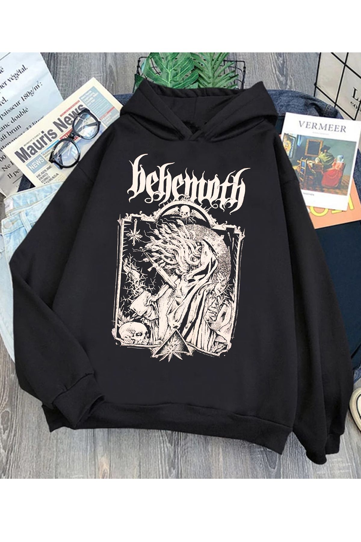 Freak Tshirt Black Color Behemoth Printed Wide Cut Hooded with Fleece Inside Rock Metal Unisex Hoodie Trendyol