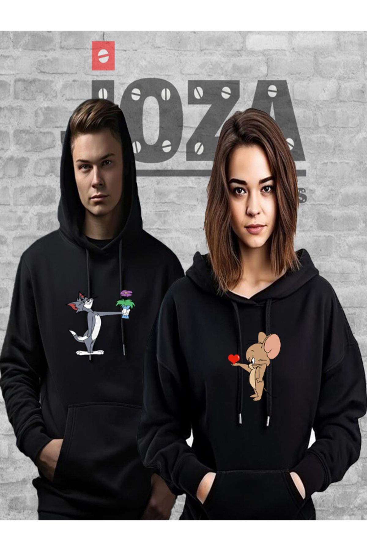 Joza Outdoors-Femei Bărbați Unisex Tom și Jerry Imprimat Cuplu Îndrăgostit Combinație Design Hanorac cu glugă Set de 2 2