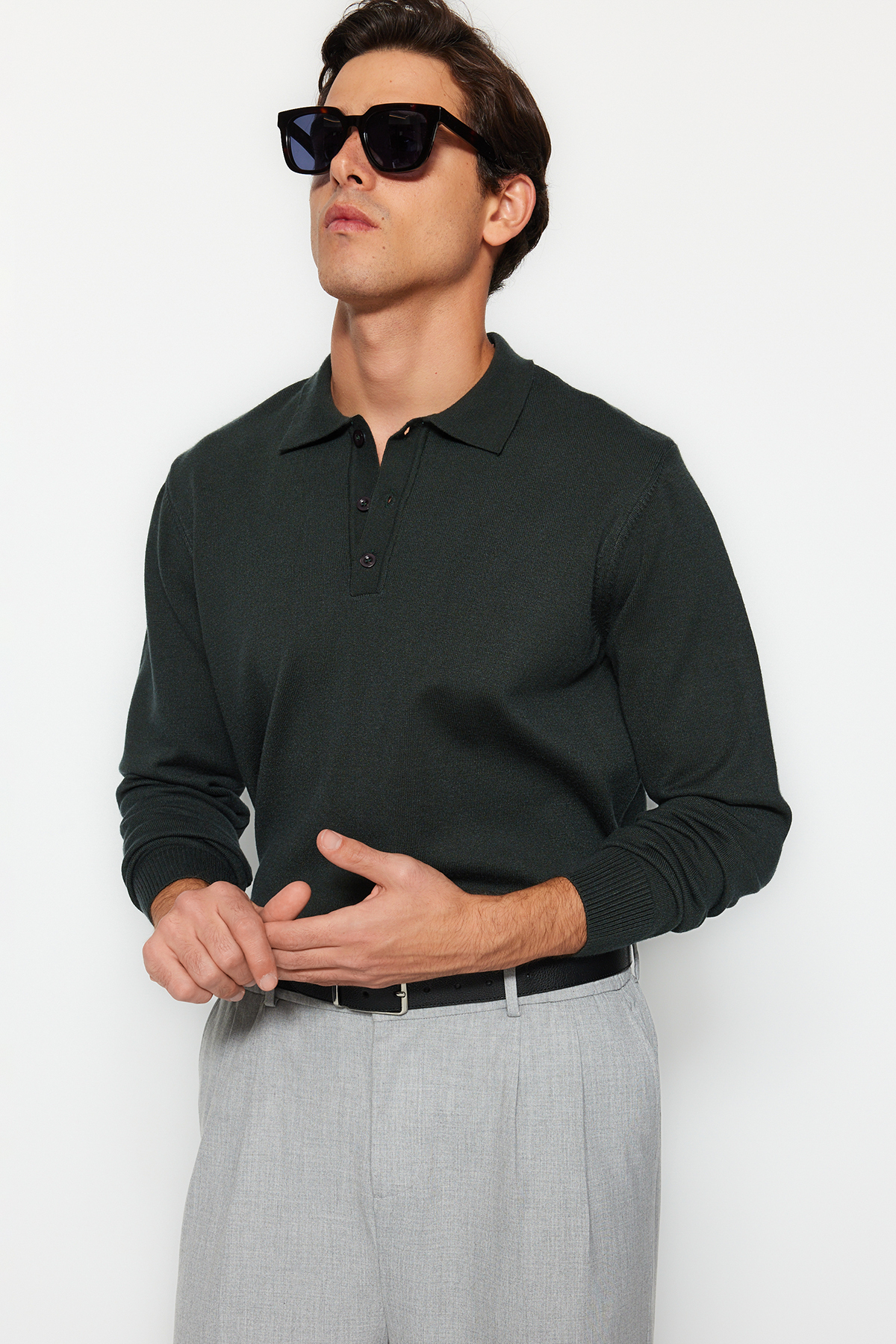 Trendyolmilla Man Koyu Yeşil Regular Fit Polo Yaka Basic Triko Kazak TMNAW24KZ00067