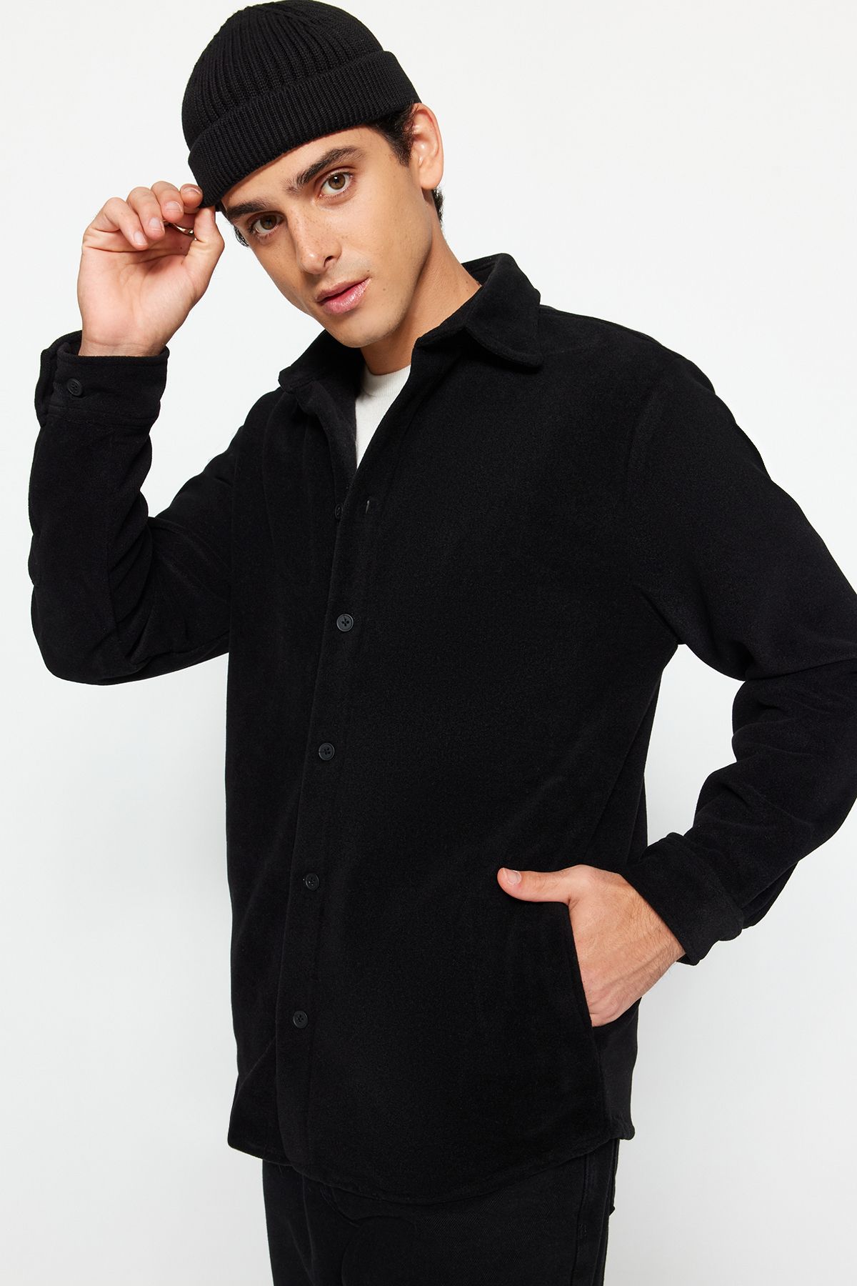 Trendyol Collection Czarna, Unisex, Regularna, Boczna Kieszeń, Polarowa, Gruba, Zimowa, Wygodna Kurtka Koszulowa Mężczyzna - L
