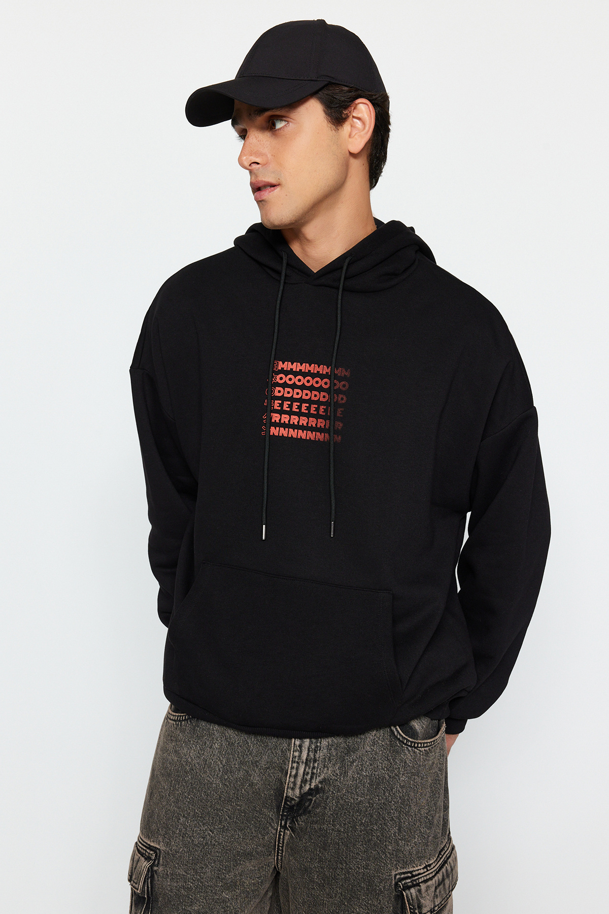  trendyolmilla man siyah oversize/geni? kesim kapü?onlu labirent bask? polar pamuk sweatshirt