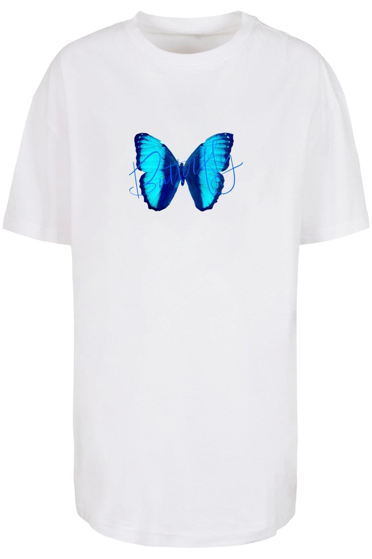 Merchcode Damen Ladies Butterfly Oversized T-Shirt Boyfriend Blue - Trendyol