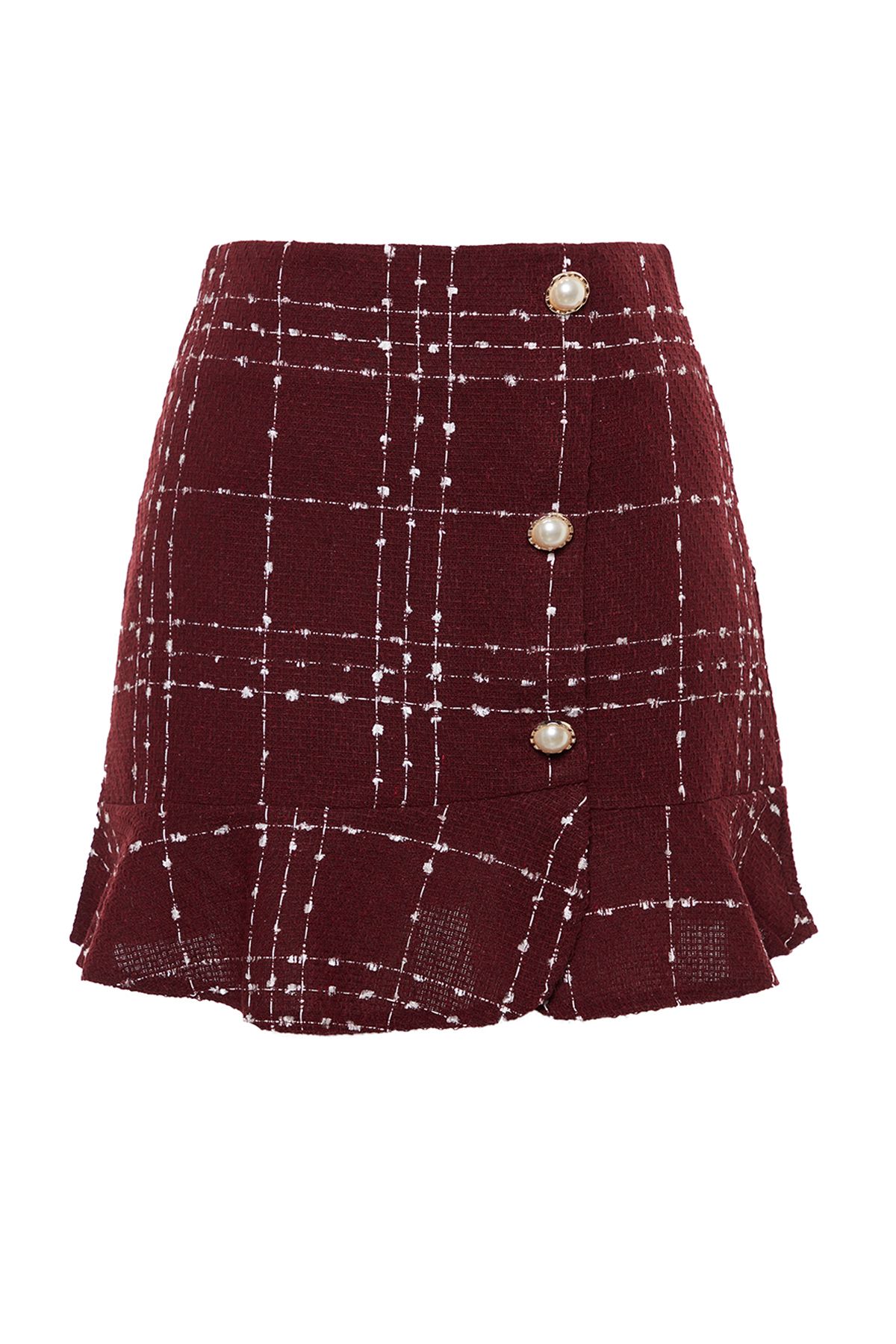 Trendyol Collection-Burgunderroter geknöpfter Tweed-Stoffrock mit Volantspitze und Mini-Webrock TWOAW22ET0155 7