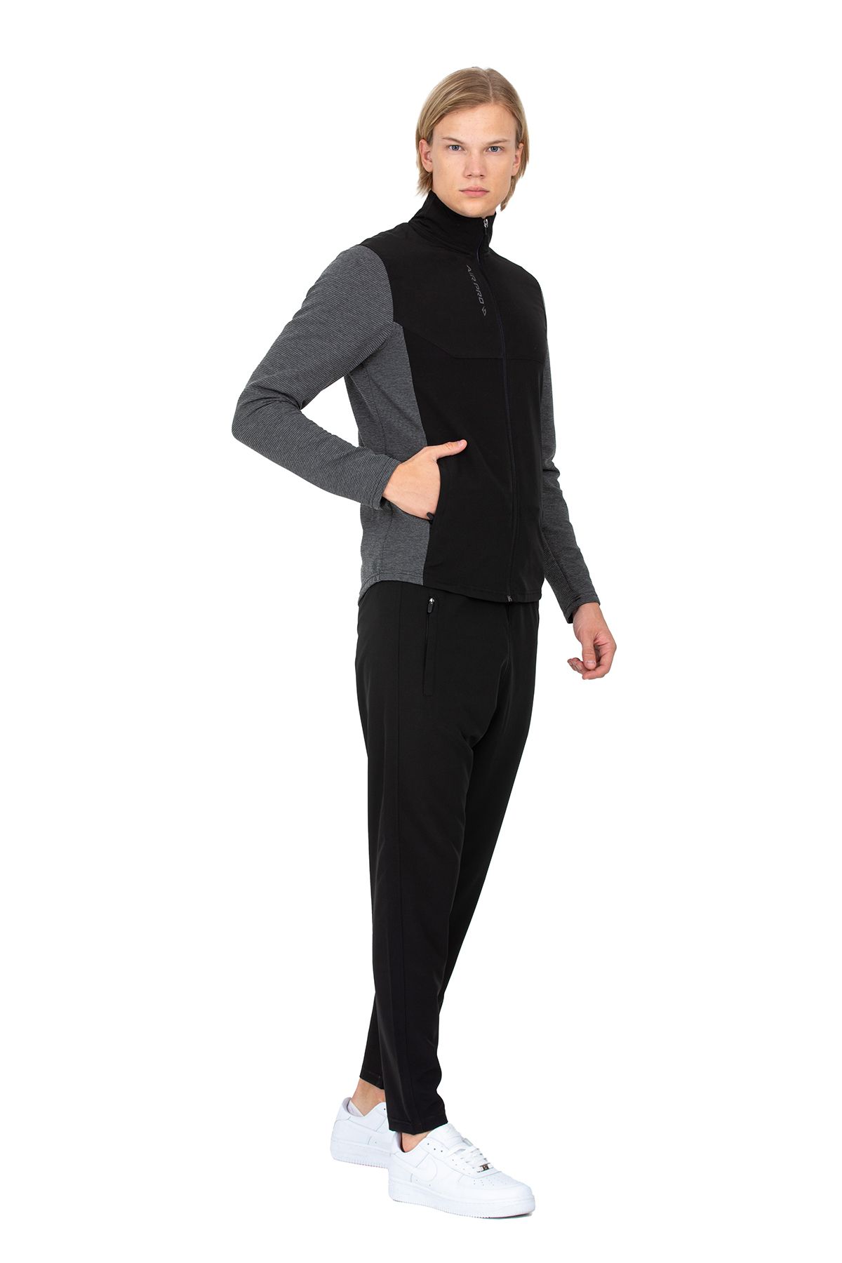 DYNAMO-Men's Anthracite Stand Collar Straight Leg Garni Fabric Tracksuit Set AS-312 3