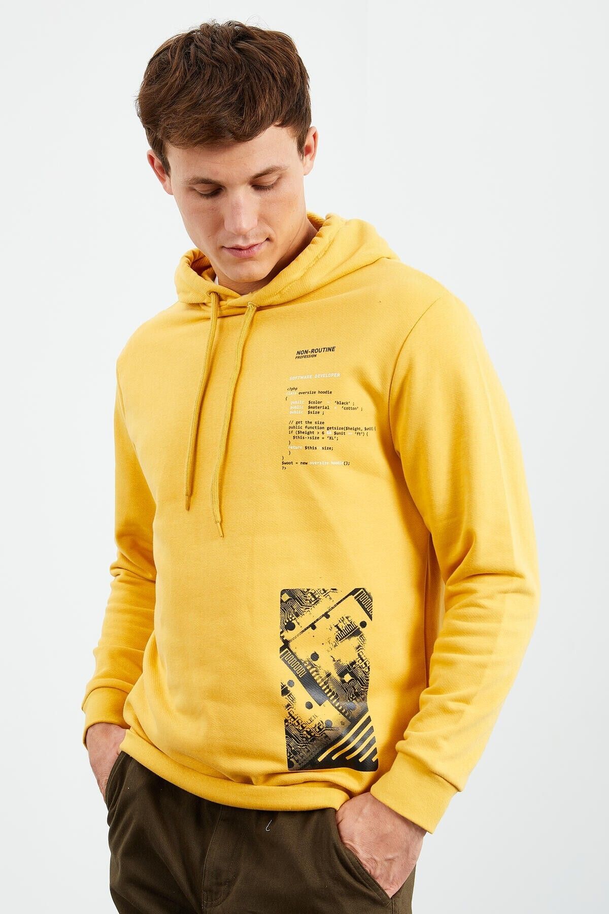 Tommy Life Mustard Men s Pattern Printed Hooded Comfortable Form