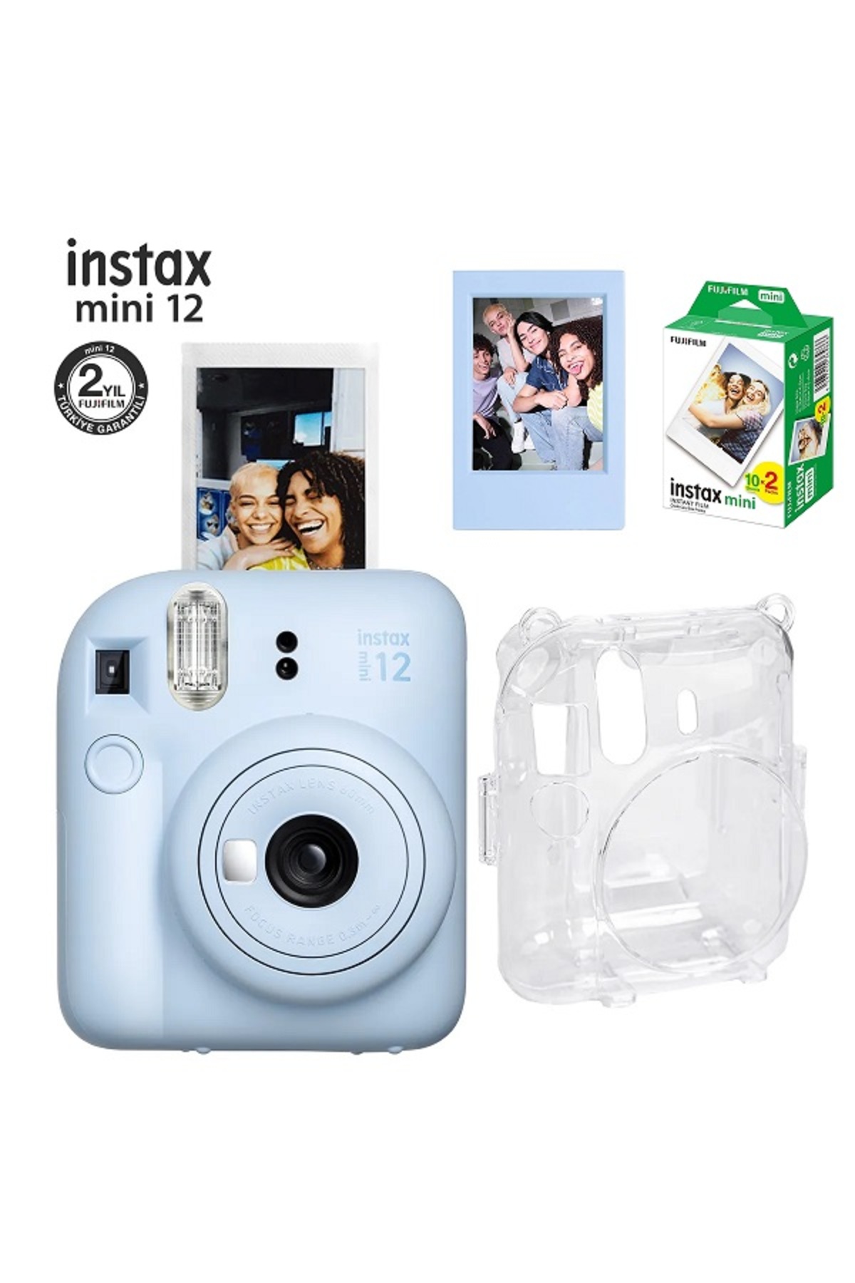 Fujifilm Mini 12 Fotoğraf Makinesi-10'lu Film-Şeffaf Pleksi Kılıf ve Fotoğraf Çerçevesi Seti 2 Mavi