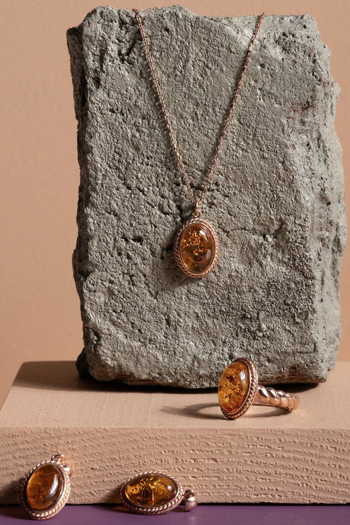 Takıdepo Damla Kehribar Taşlı Minimal Gümüş Takı Seti-rose Rengi