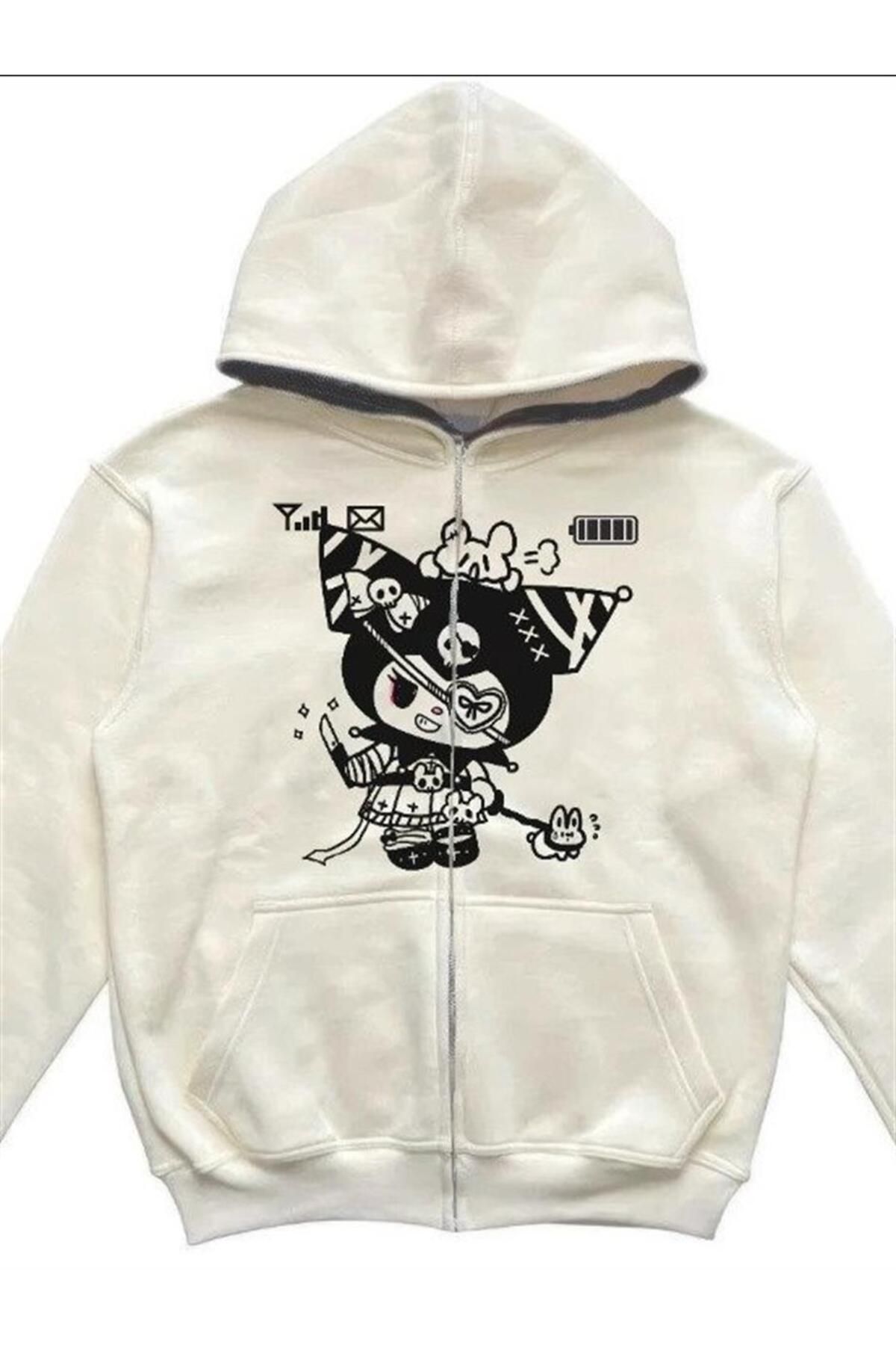 Planet Butik-White Retro Mobile Kuromi Thick Fabric Zippered Hooded Cardigan 1
