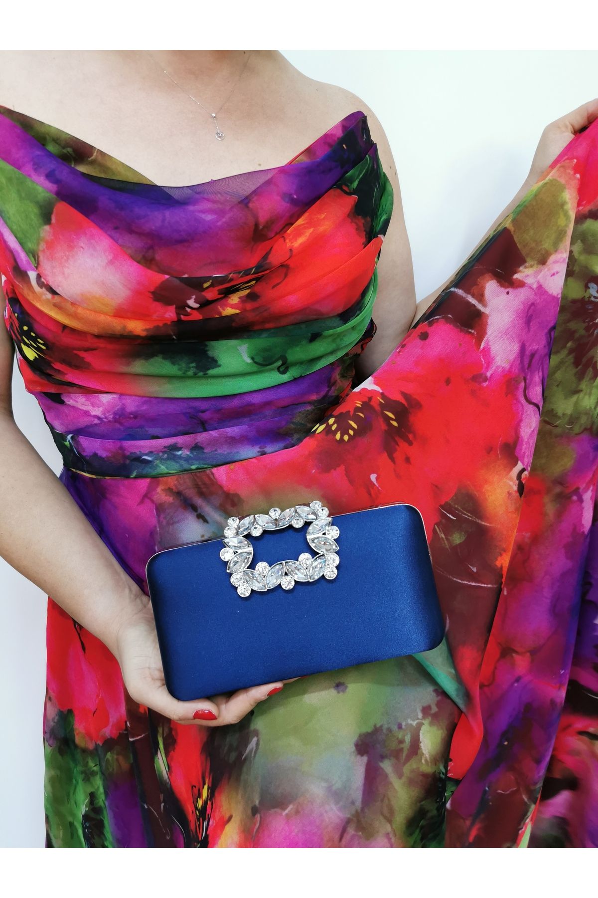 NAZART WOMEN S SATIN NAVY BLUE EVENING DRESS WITH STONE BUCKLE CLUTCH PORTFOLIO HAND WEDDING ENGAGEMENT EVENING BAG