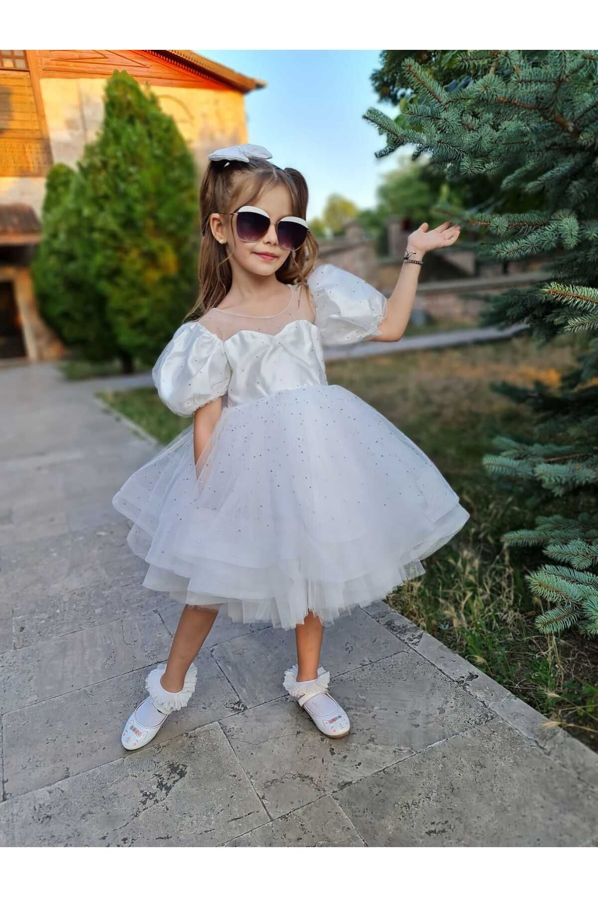 Sare Çocuk Giyim-Βραδινό φόρεμα Princess Fluffy Girl Παιδικό Λευκό Νυφικό 7