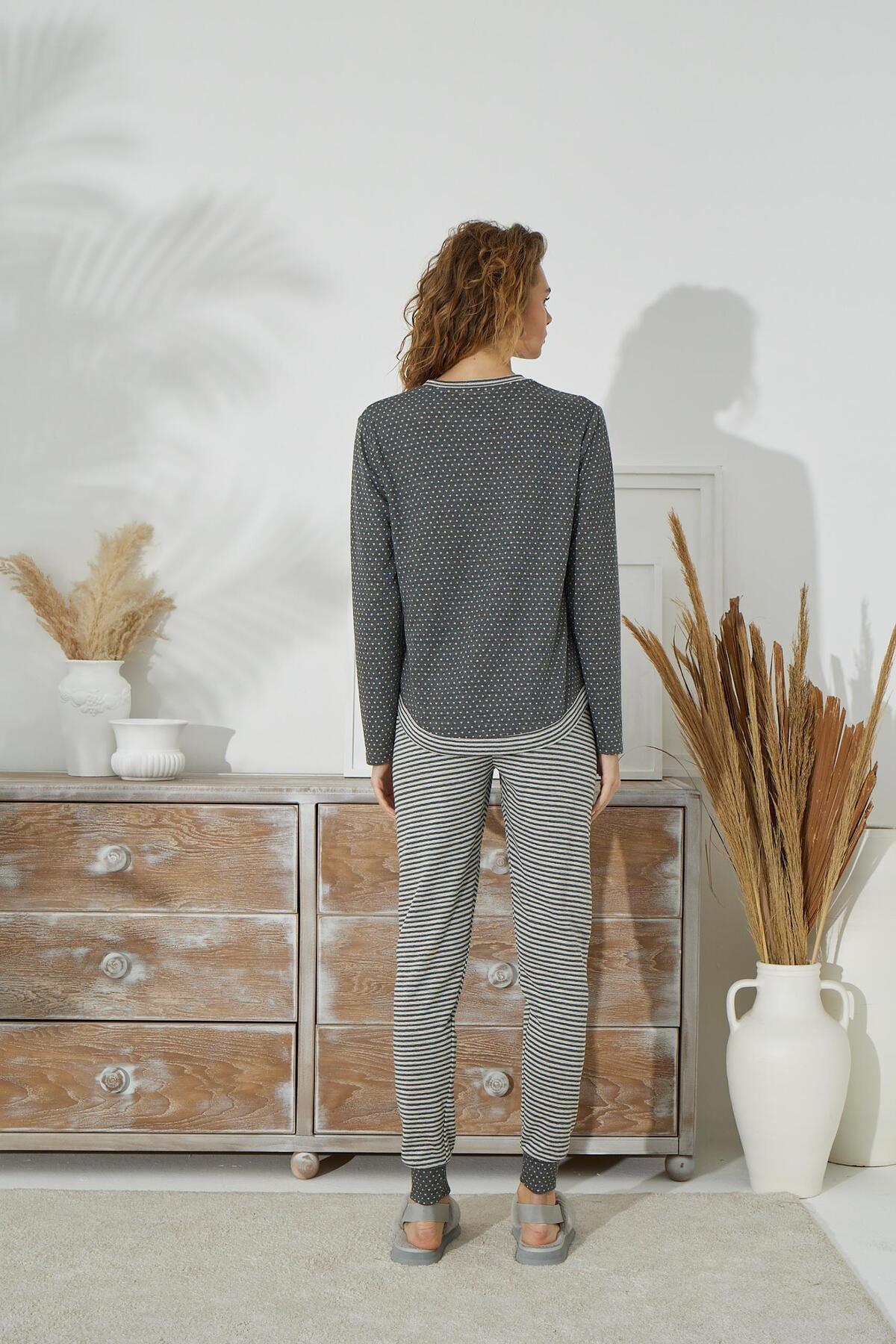 Sevim-Women's Long Sleeve Jacquard Thick Anthracite Pajamas Set C1T4N9O85 2