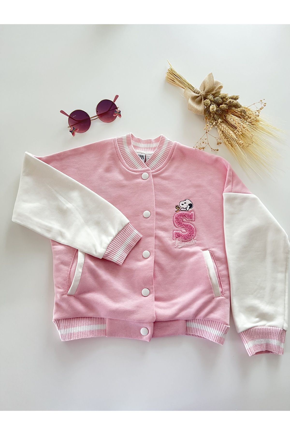 Swor Baby Pink Varsity Jacket Dog Printed