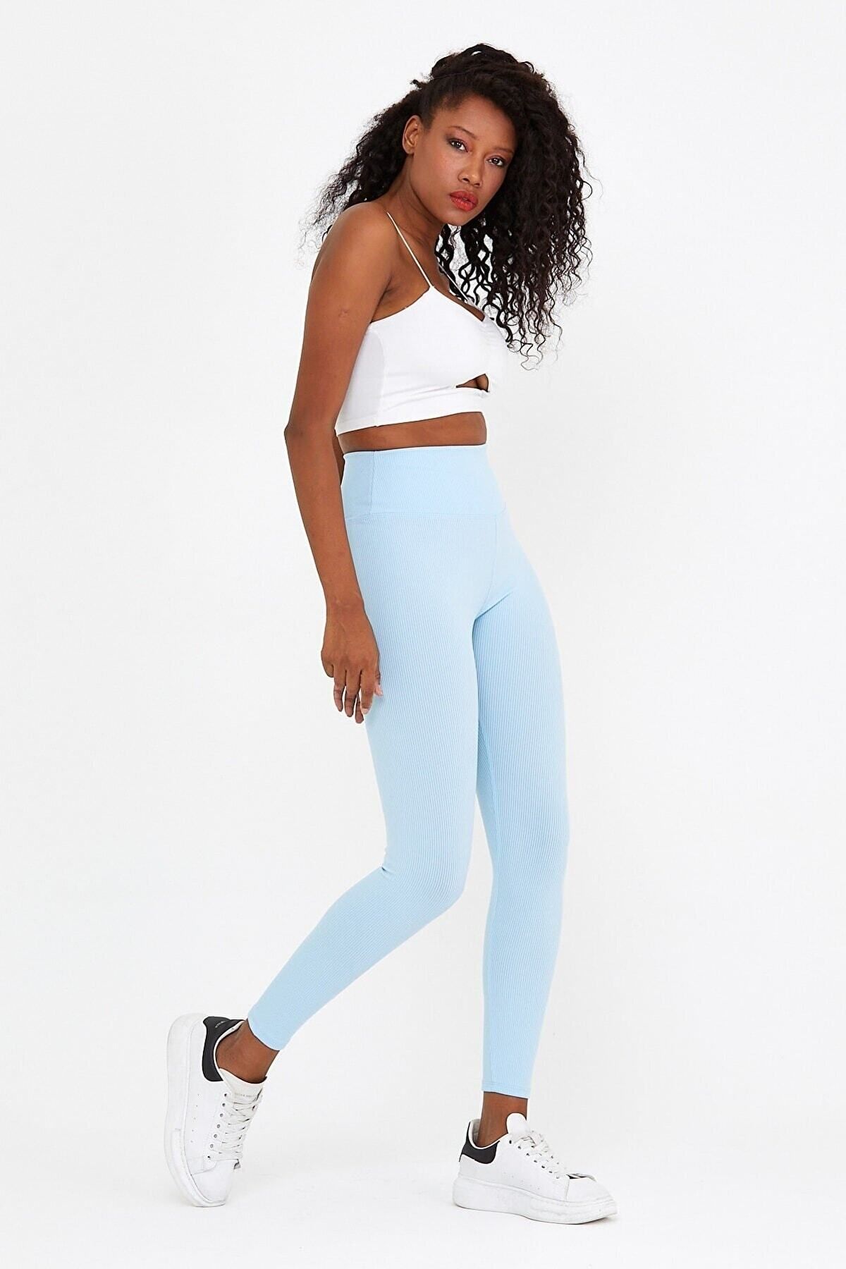 DYROX Women s Baby Blue Ribbed Lycra High Waist Sports Leggings