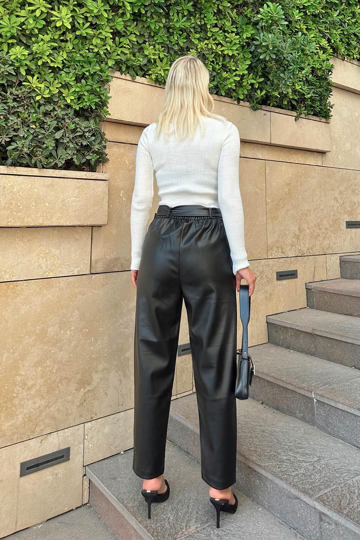 Swist Black Belted High Waist Women's Faux Leather Carrot Pants