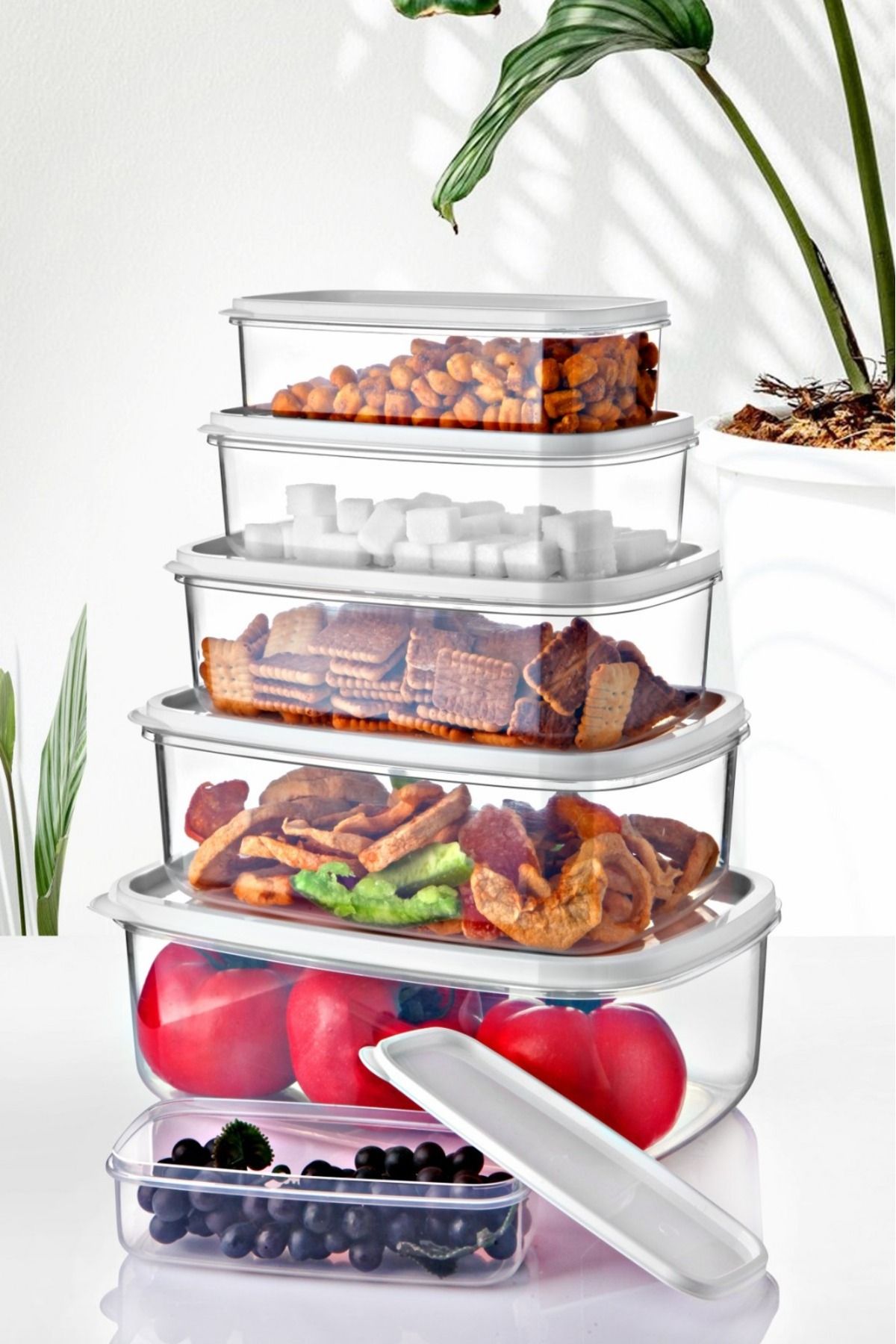 Open Home Concept-Set of 6 Rectangular White Storage Containers 300 ml-500 ml 800 ml 1200 ml 1900 ml 2900 ml 2