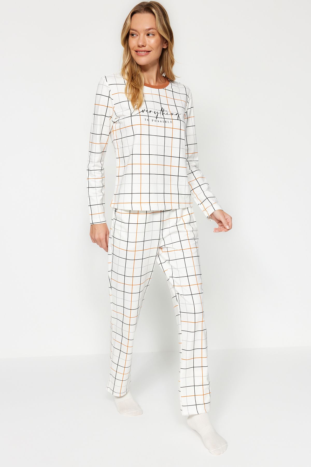 Trendyol Collection-100% памучен комплект бяла карирана пижама - тениска и панталон Thmaw24Pt00235 3