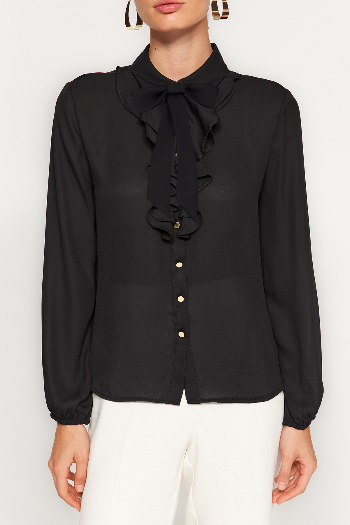 Trendyolmilla  Siyah Çıkarılabilir Fiyonklu Oversize Dokuma Gömlek TWOAW24GO00164 - Görsel 4