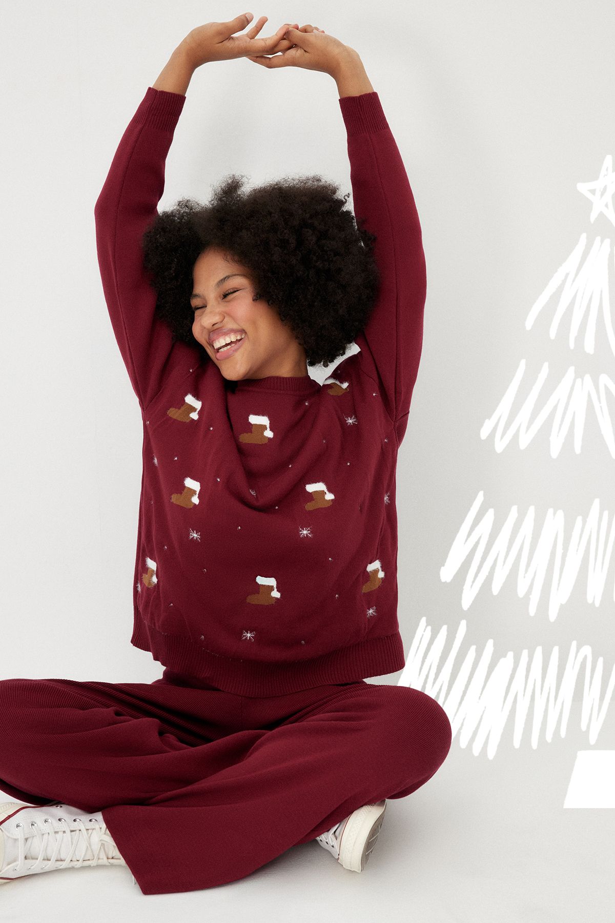 Trendyol Collection-Red Christmas Themed Soft Textured Furry Knitwear Top and Bottom Set TWOAW24AU00113 9