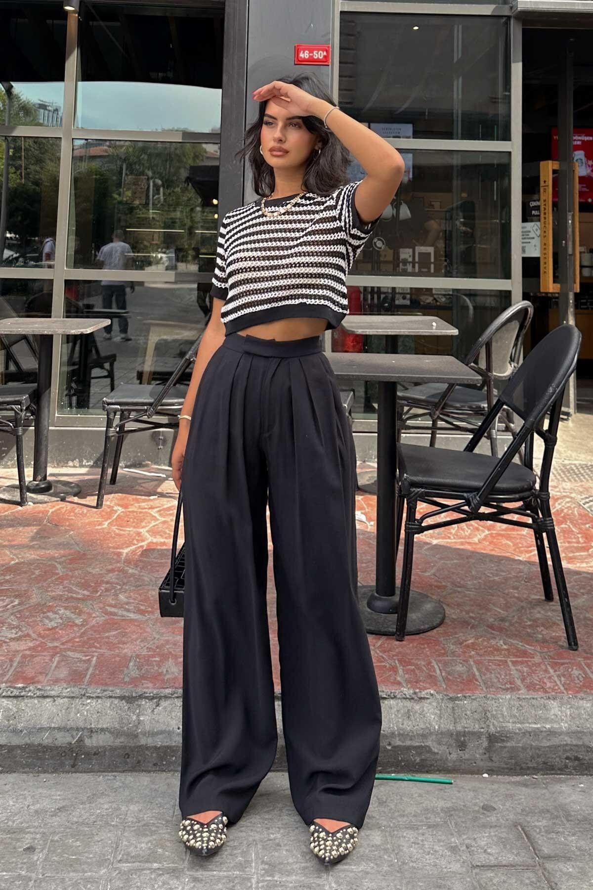 Reyon-ELYSIAN STORE - بنطال بالازو بطيات عالية الخصر 4