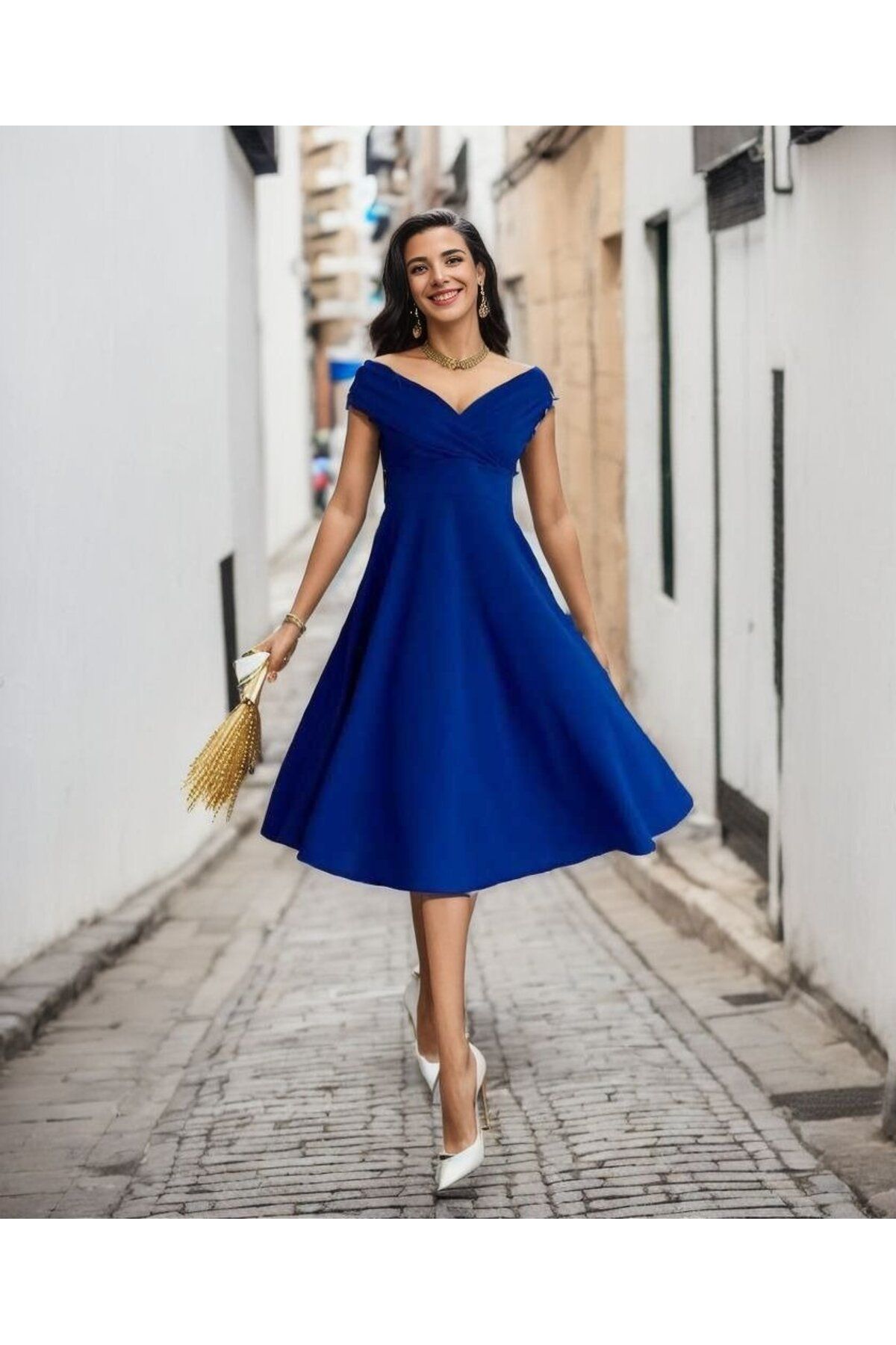 Dark blue knee length dress on sale