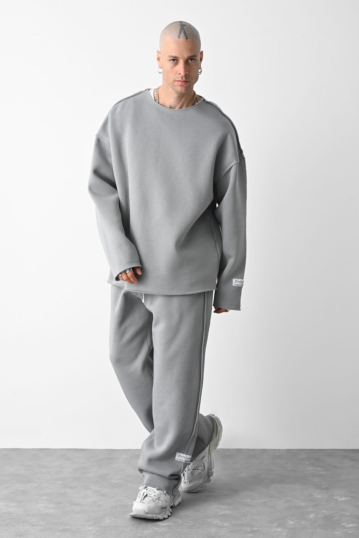 VAMOSCLO Gray Card Detailed Oversize Tracksuit Bottoms - Trendyol