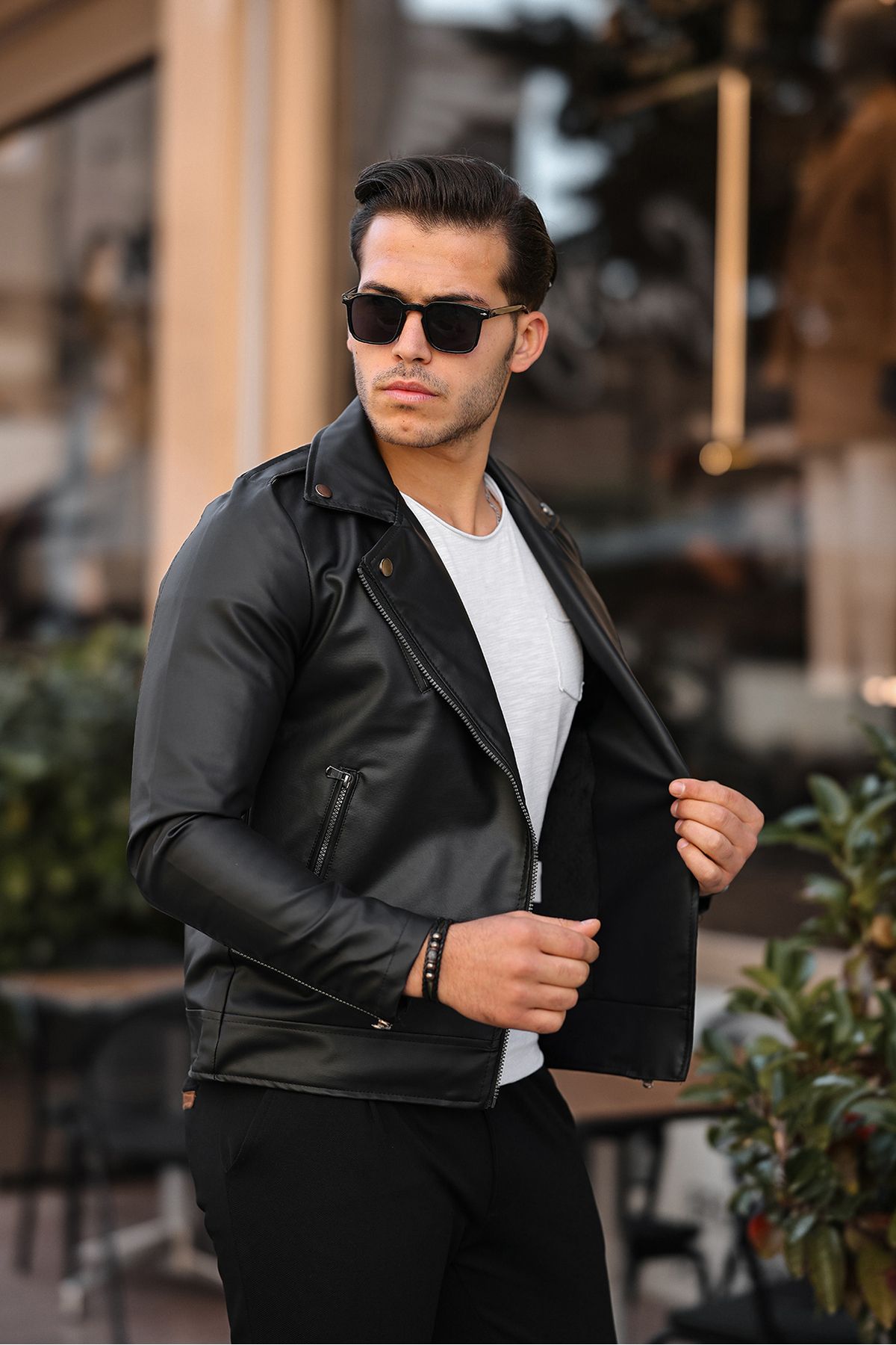 gm giyimarket Men s Black Diagonal Zipper Leather Jacket Trendyol