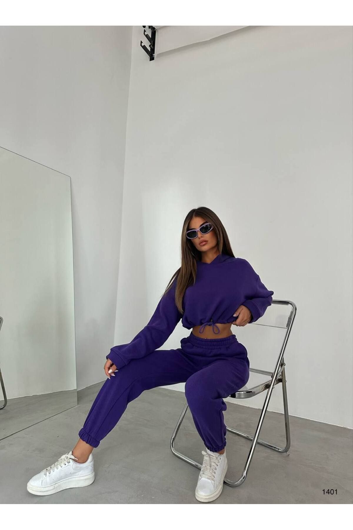 Estilo Women s Oversize Crop Hoodie Tracksuit Set Purple Trendyol
