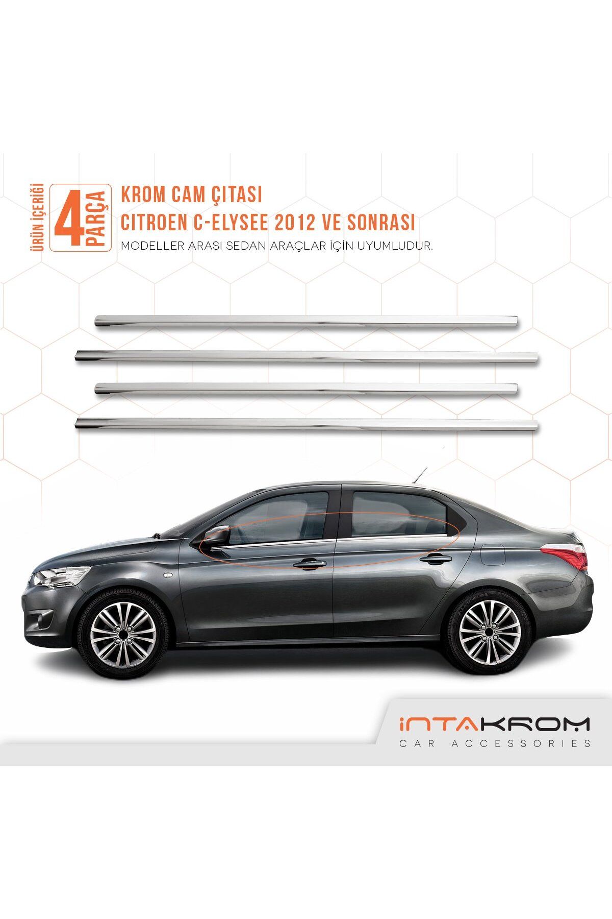 İntachrom Citroen C - Elysee Krom Cam Çıtası 4 Parça 2012 Ve Üzeri P. Çelik