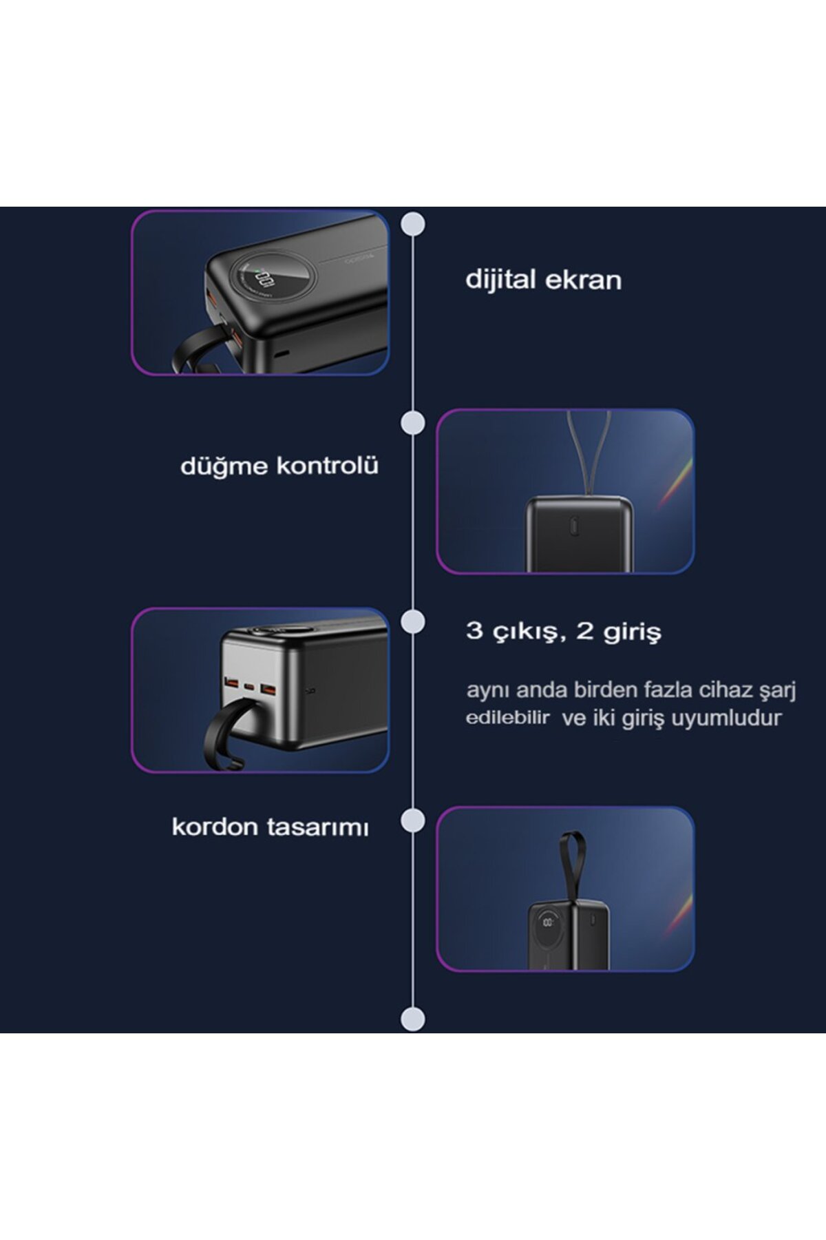 40.000 mAh Dijital Göstergeli USB3.0 Taşınabilir 3 Çıkışlı PD Hızlı Şarj Powerbank Siyah 7
