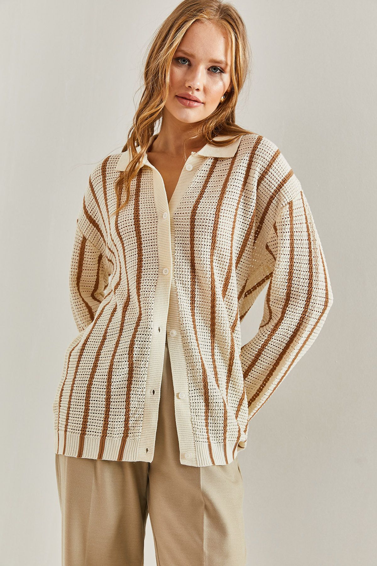 Bianco Lucci-Women's Shirt Collar Long Sleeve Striped Cardigan 2