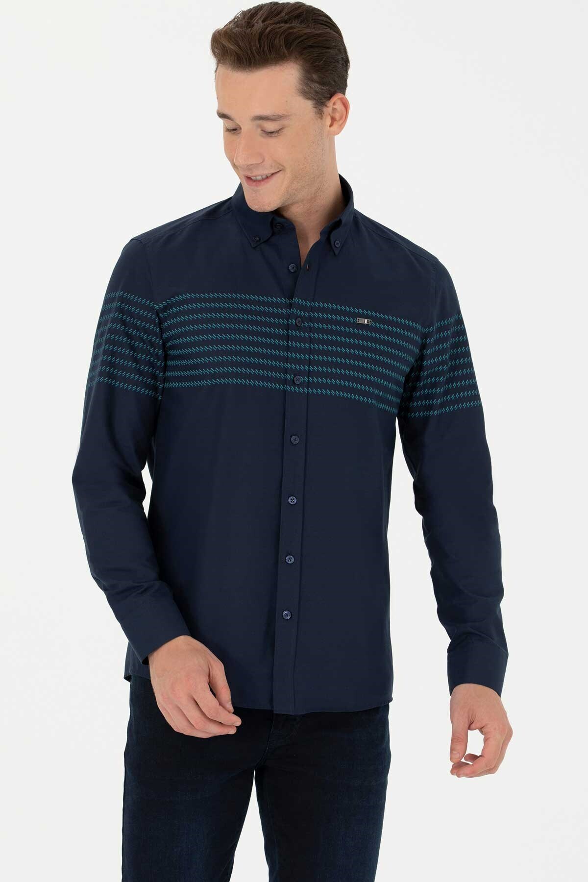 پیراهن مردانه آبی سرمه ای یو اس پولو | 50272106-VR033 اورجینال - تصویر 2