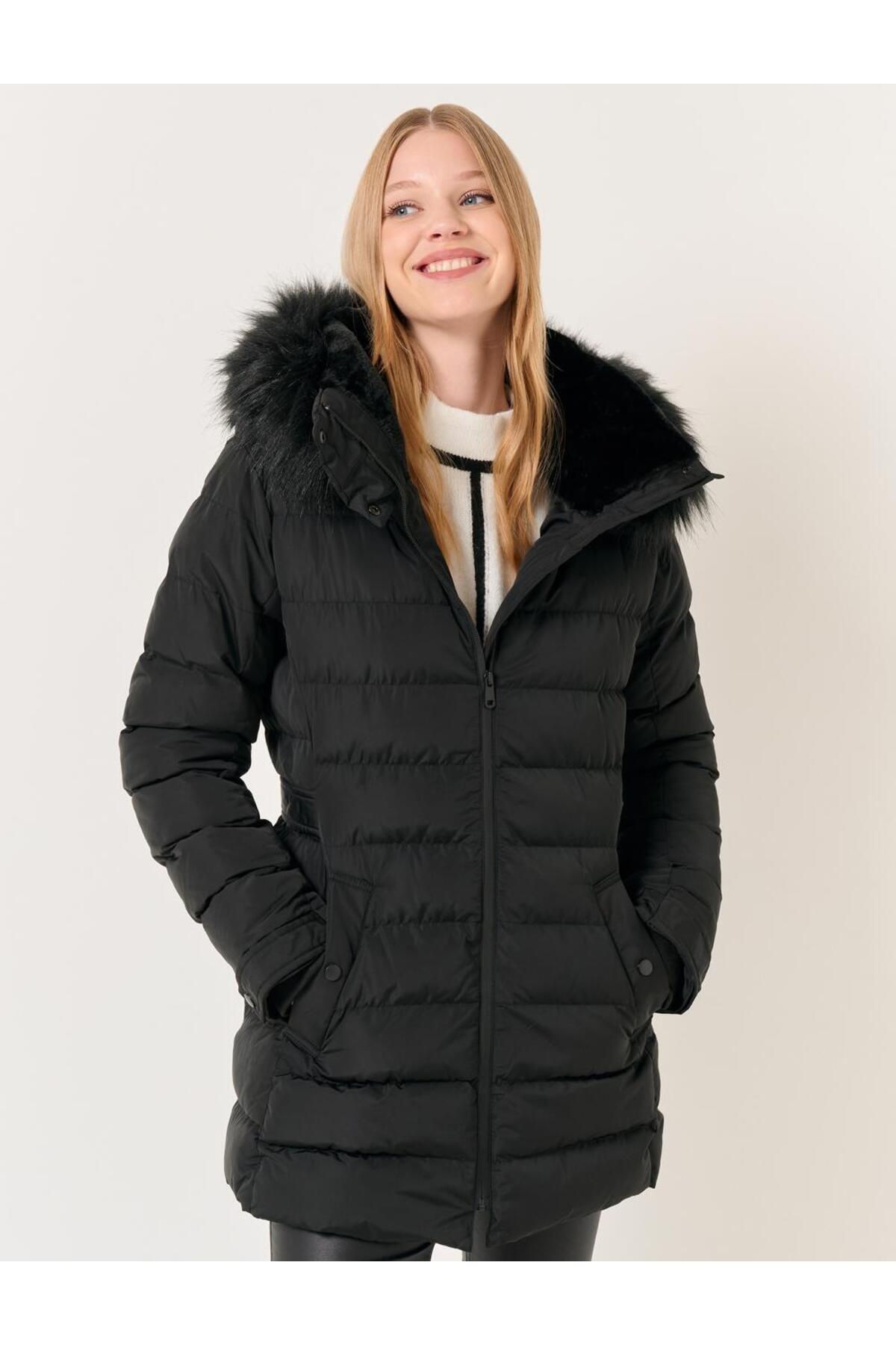 Gray Straight Cut High Collar Zippered Hooded Puff Coat