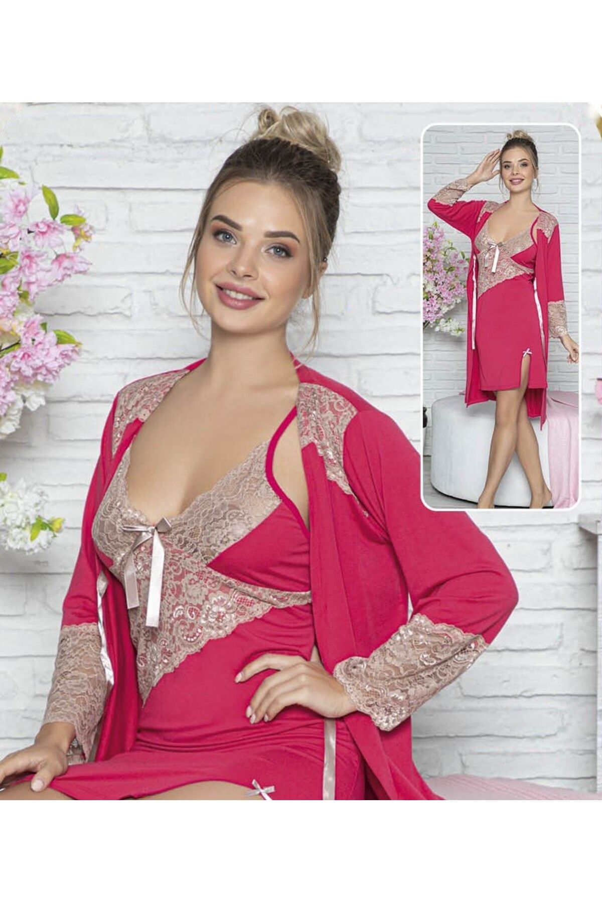 JENİKA-Pink Lace Detail Comfortable Stylish 2-Piece Nightgown Set with Dressing Gowns 3