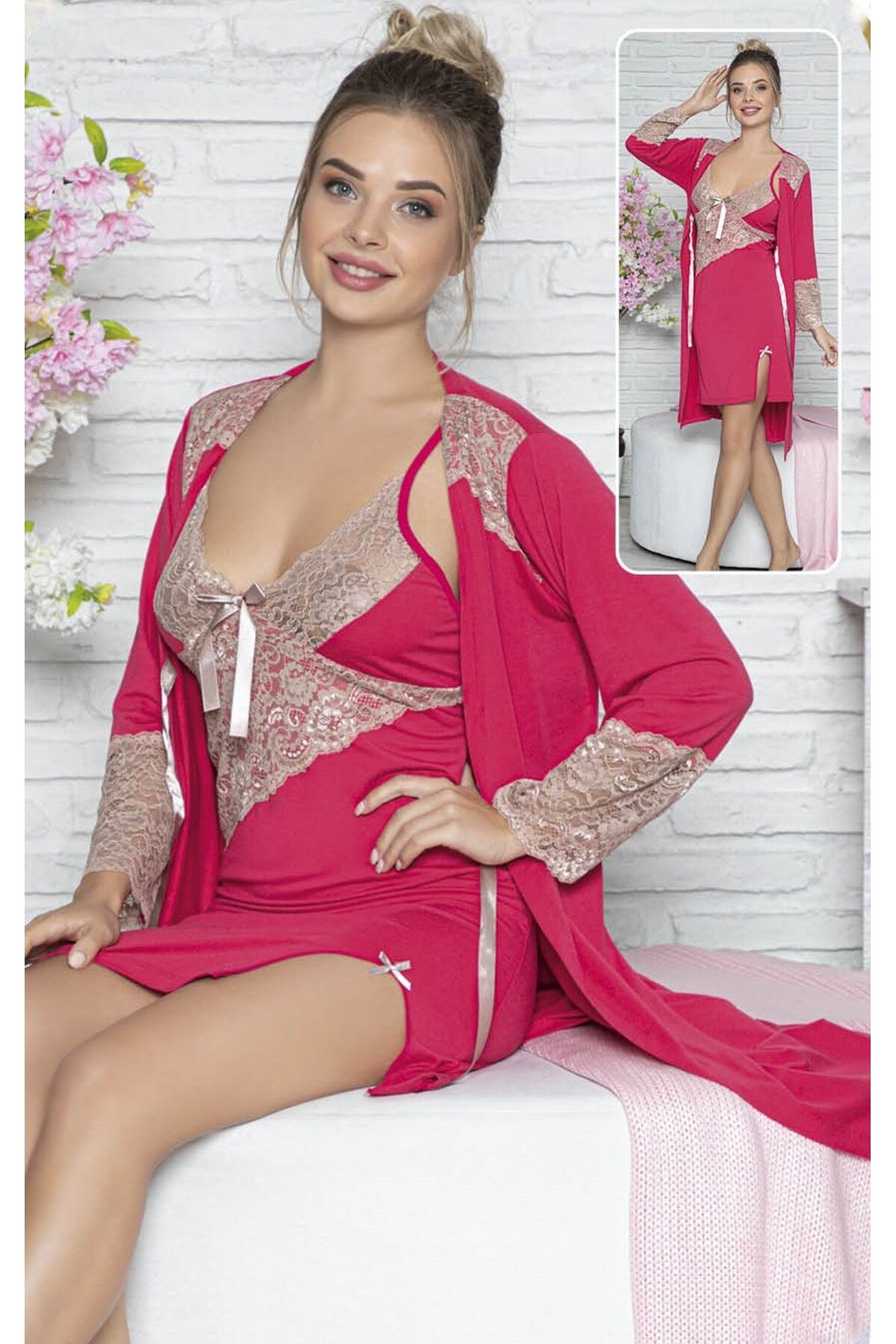 JENİKA-Pink Lace Detail Comfortable Stylish 2-Piece Nightgown Set with Dressing Gowns 1