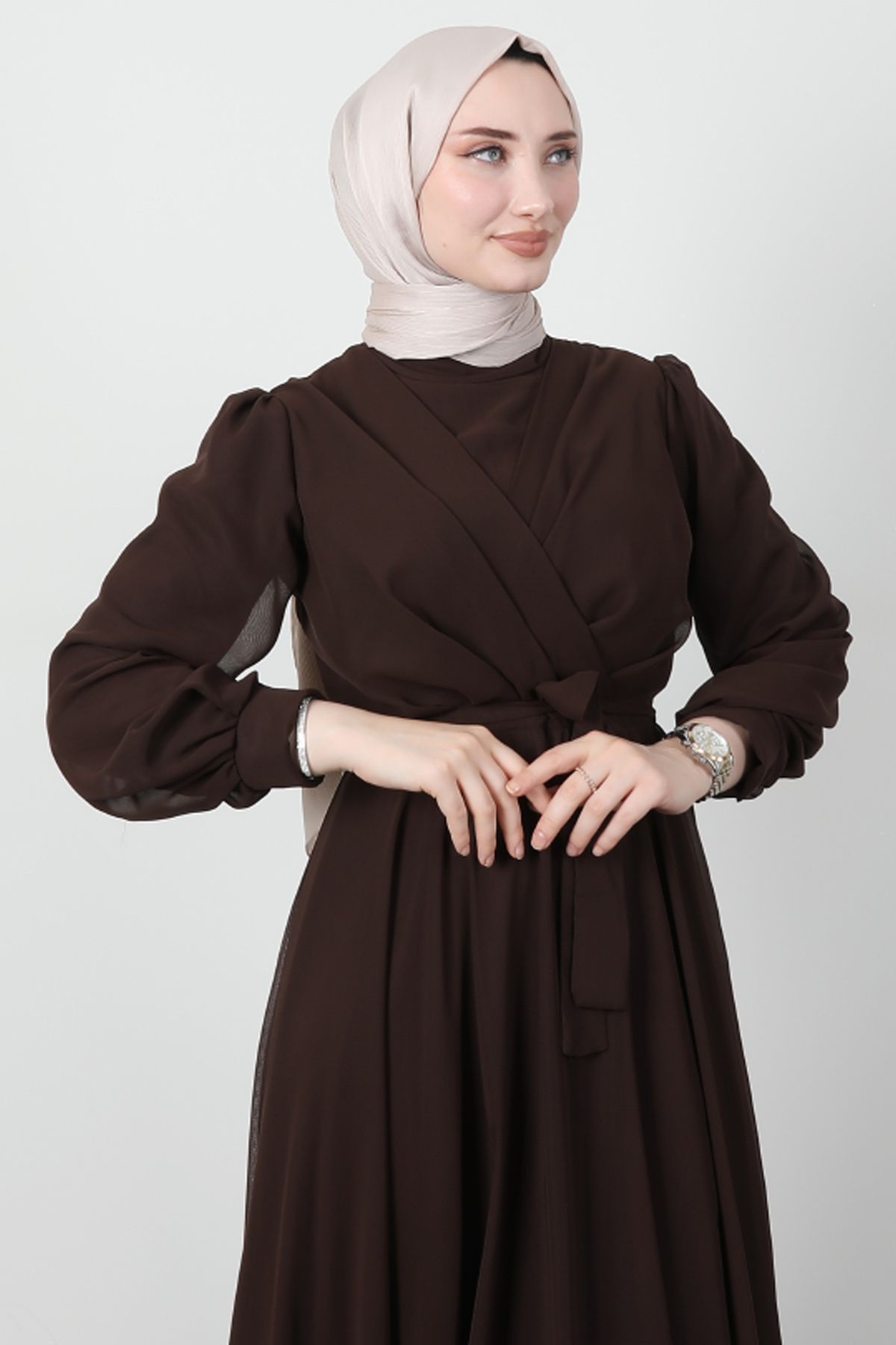 Giza Giyim-Rochie din șifon în față încrucișată Bitter Brown 5