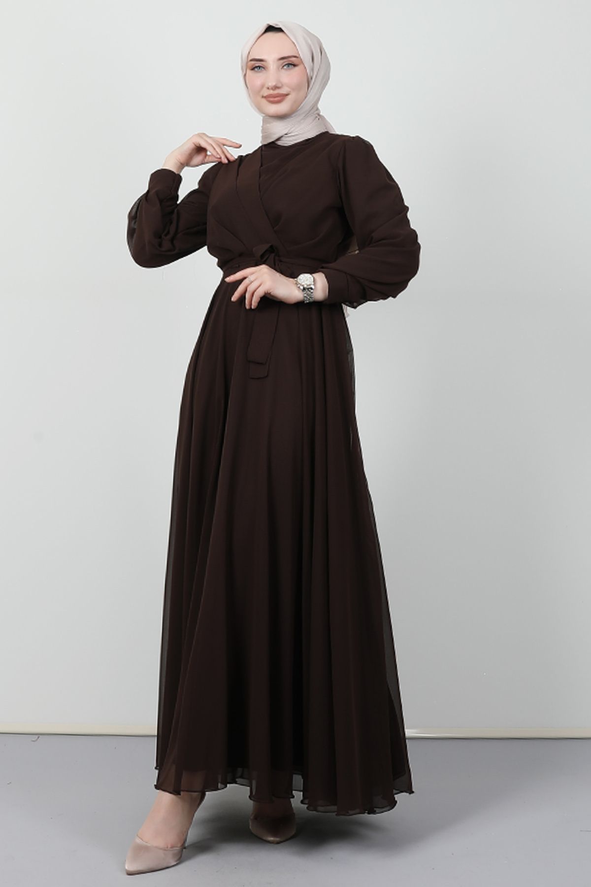 Giza Giyim-Rochie din șifon în față încrucișată Bitter Brown 4