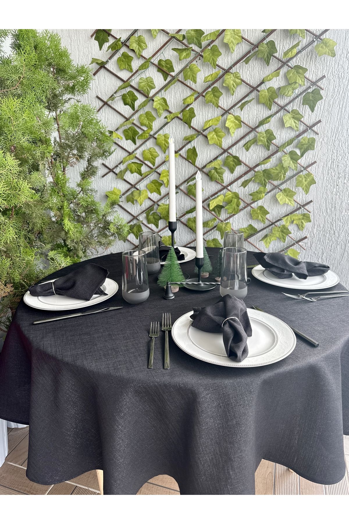 Decamor home-Linen Textured Glitter Black Linen Textured Round Table Cloth 6