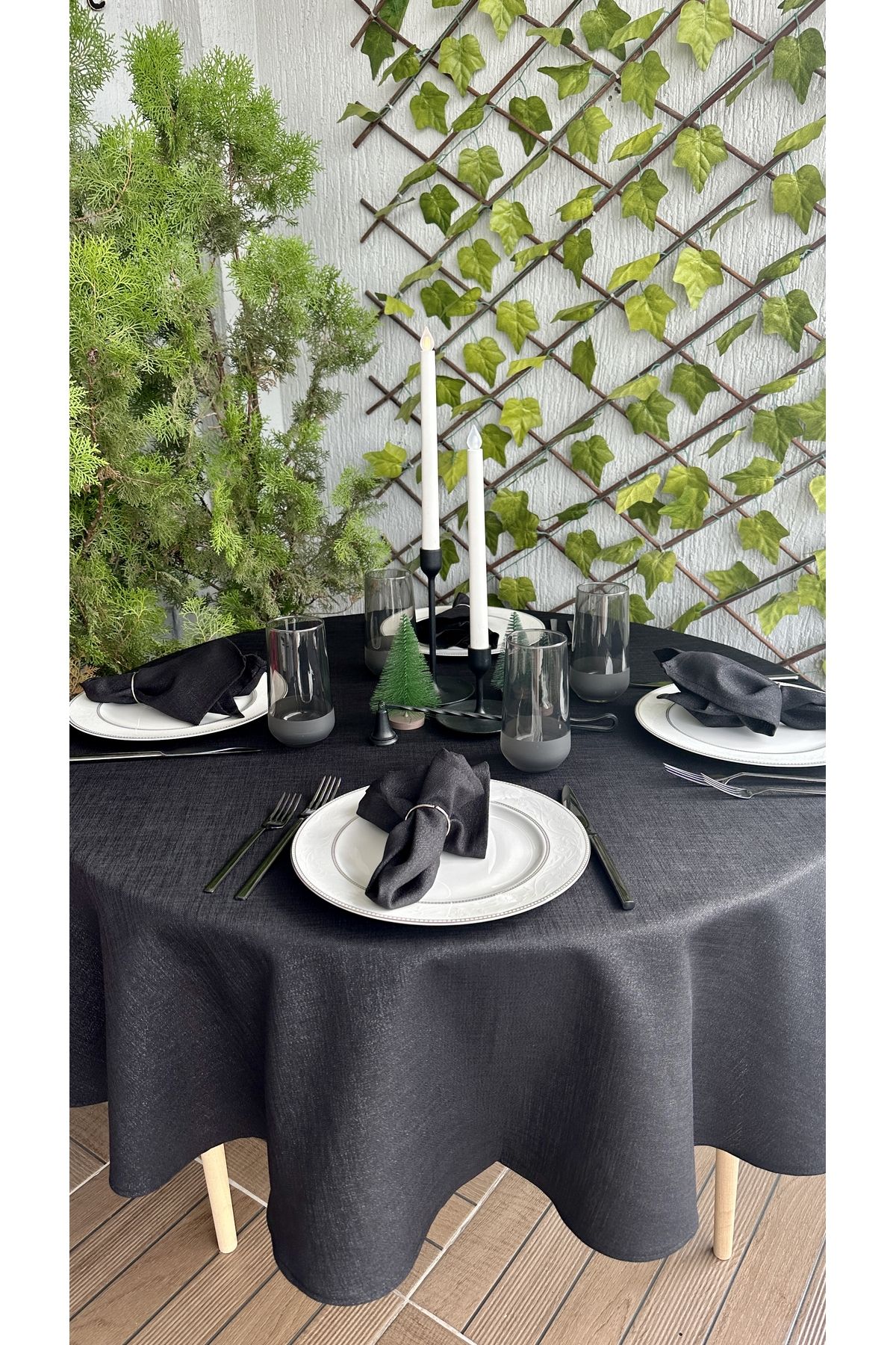 Decamor home-Linen Textured Glitter Black Linen Textured Round Table Cloth 8