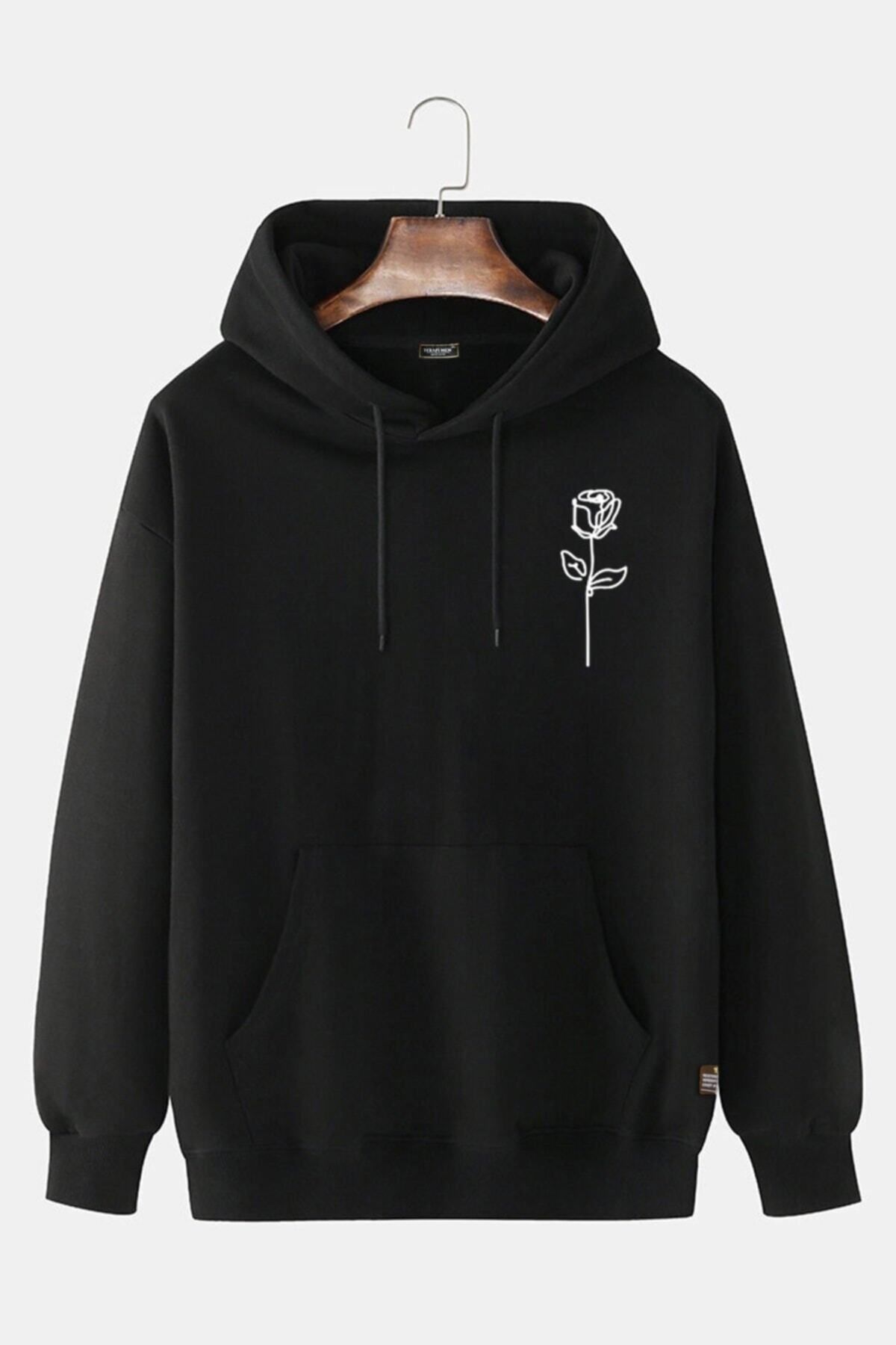 King Crow Unisex Derin Siyah Önü Gül Baskılı Kapşonlu Sweatshirt