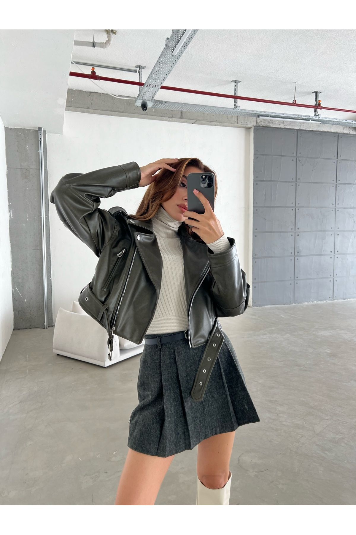 Laluvia-Δερμάτινο μπουφάν Khaki Kelvin Tumbled Biker 5