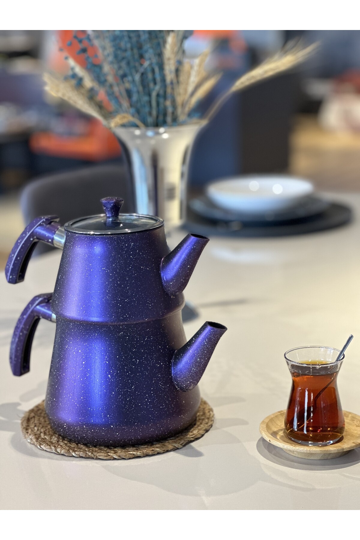 YUNUSOĞLU HOME Granit Kaplama Pramit Cam Kapaklı Çaydanlık Mor