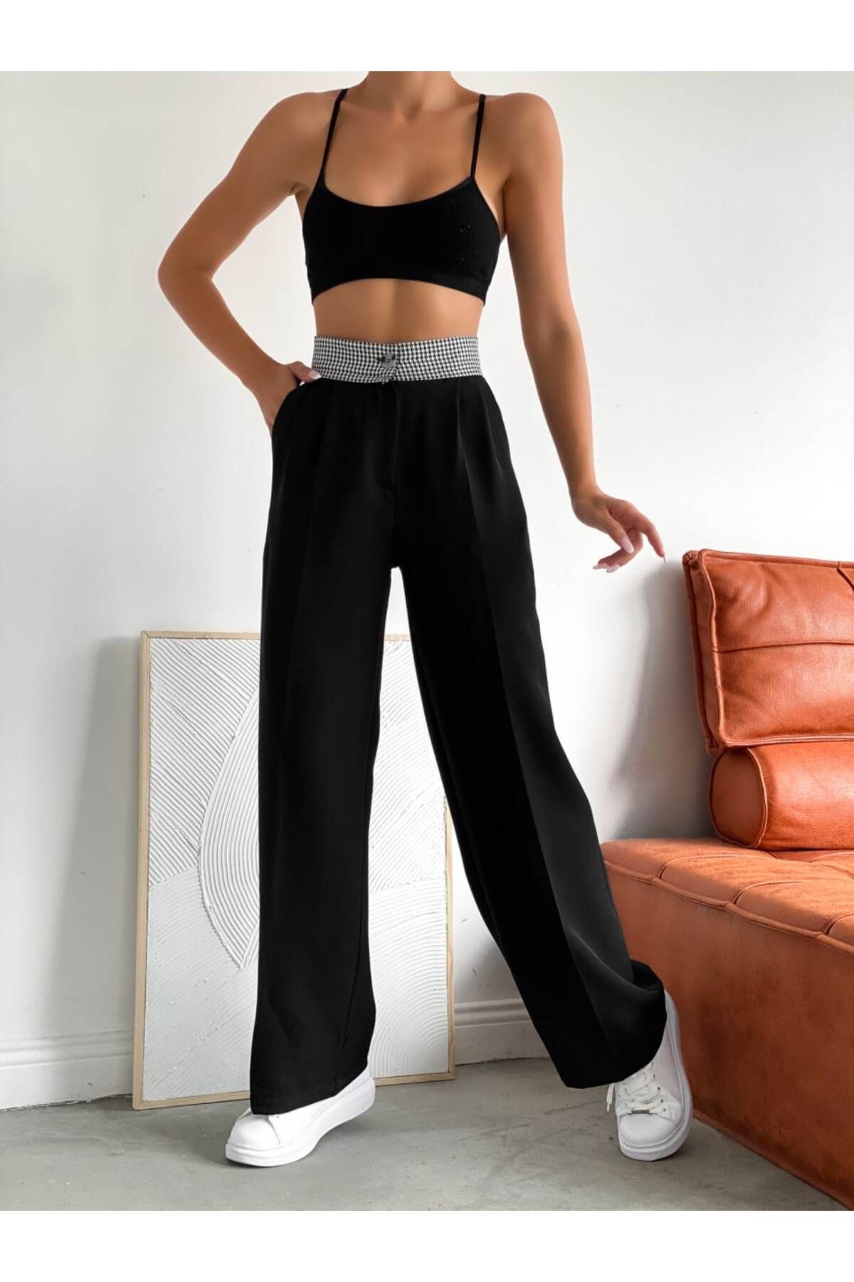 NARKISS-Black Palazzo Trousers - Atlas Fabric, Houndstooth Patterned Waist Design 2