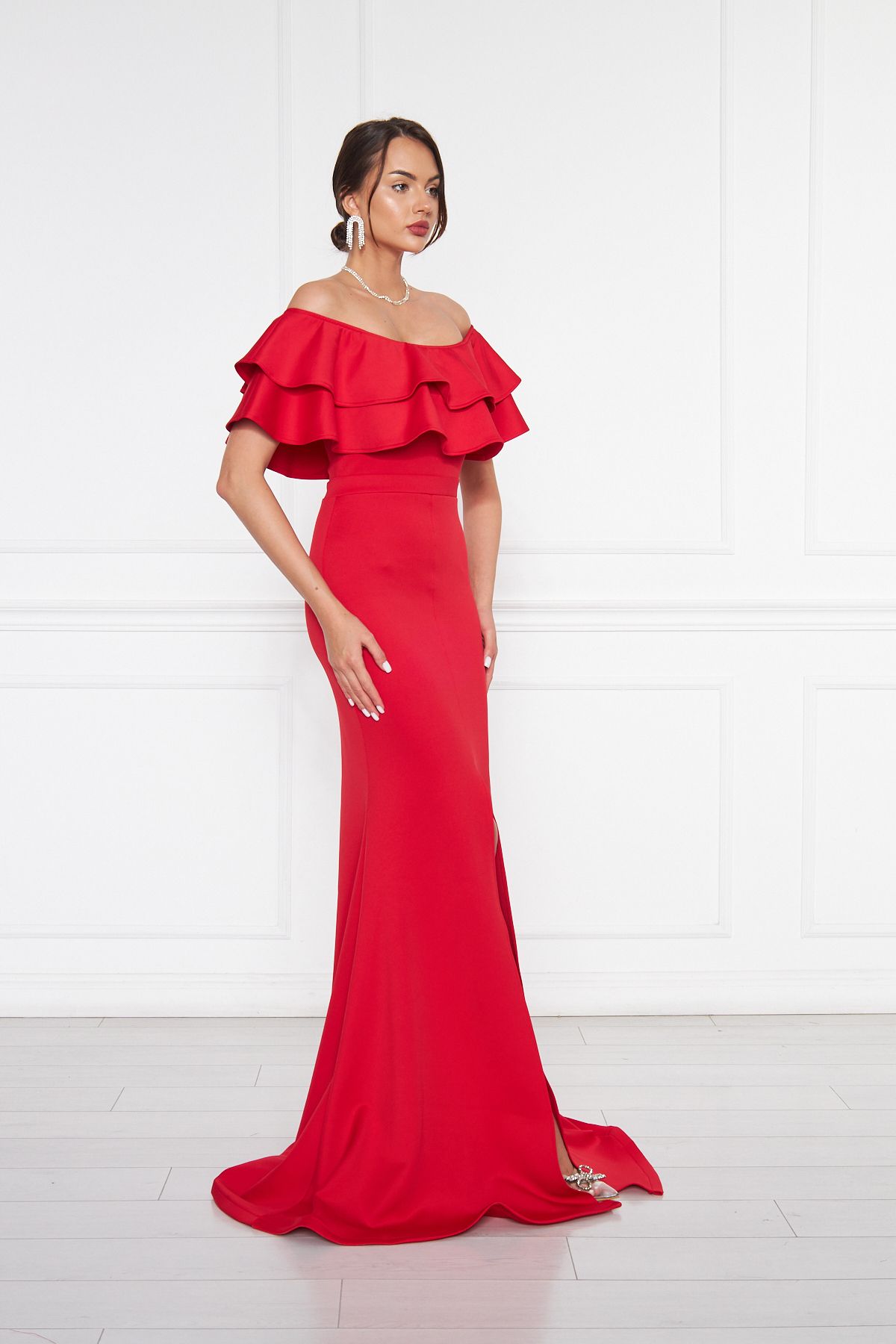 lovebox-Tesatura Scuba Flexibila Madonna Gât Slit Lungime Maxi Pește Model Rochie De Seara Marime Plus Rosie 8