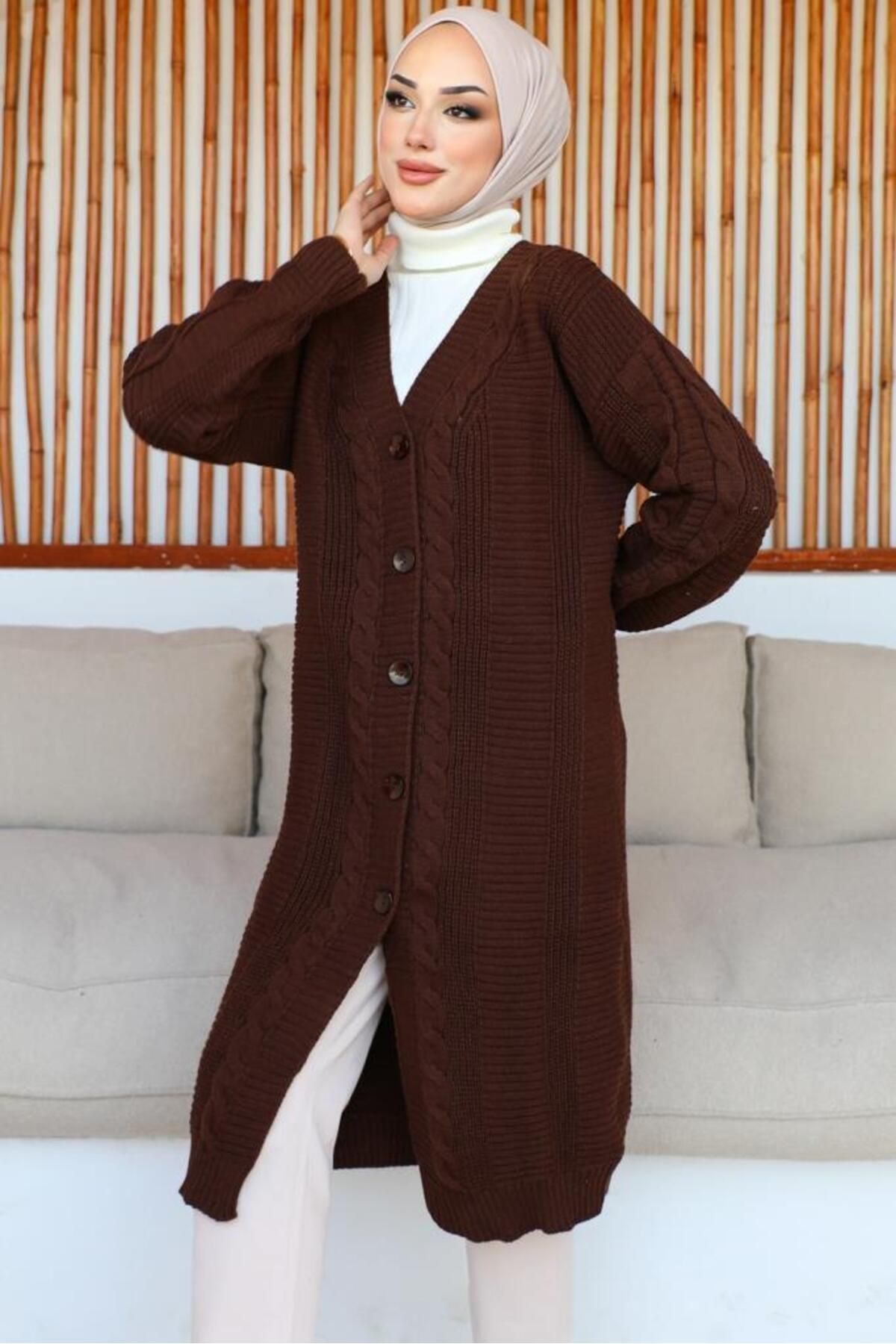 benguen 367 Buttoned Long Knitwear Cardigan Brown Trendyol