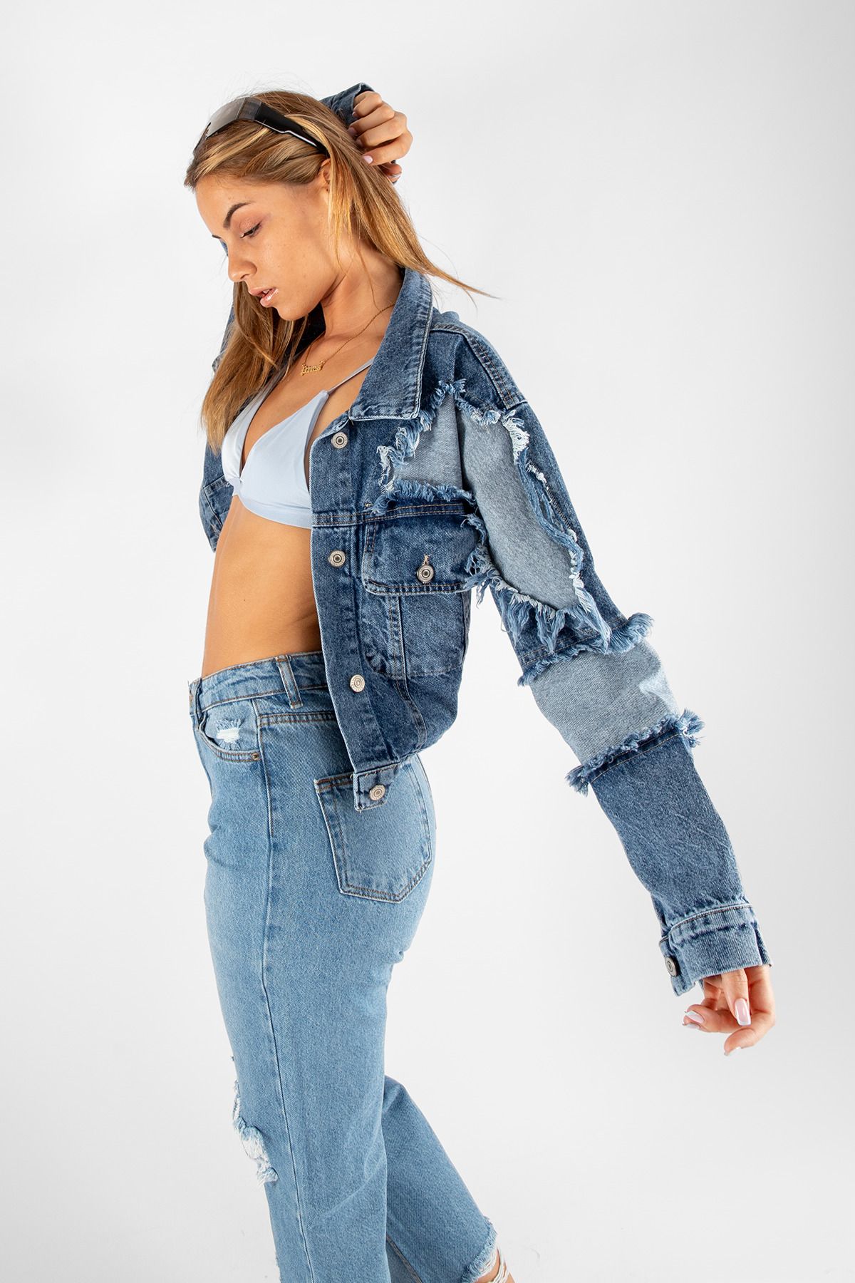 Dark blue ripped cheap denim jacket