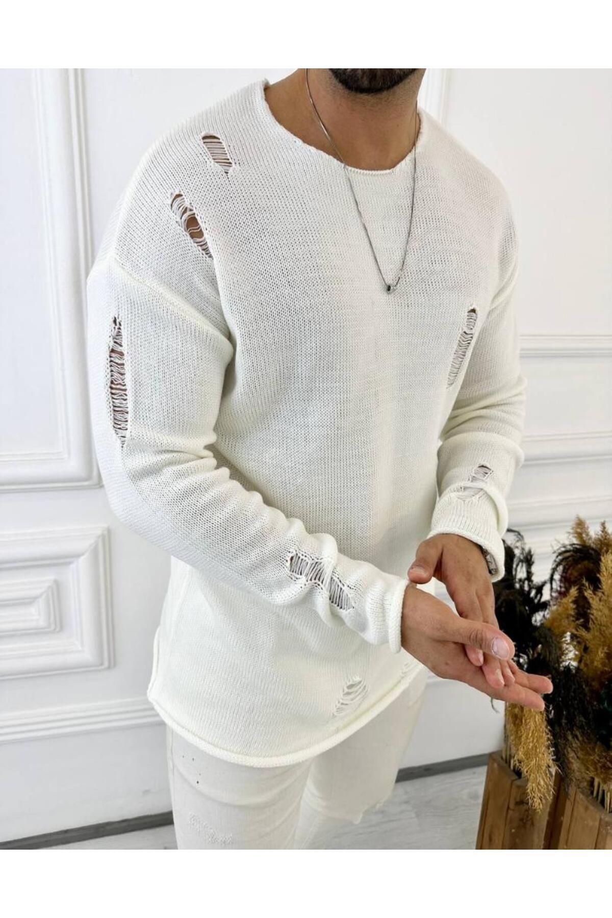 elkumoda Sweater Natural Knitted Cotton Non Pilling Ripped Detailed Laser Cut Knitwear Sweater Trendyol
