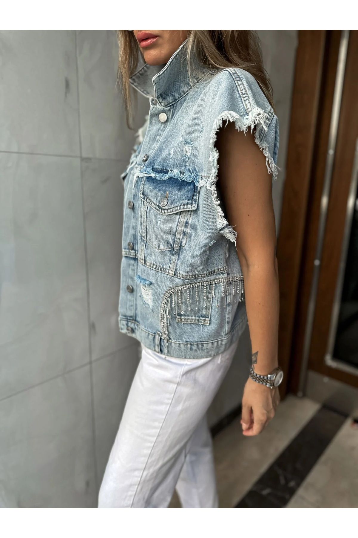 Klein Women s Design Jean Vest with Stones on the Sides Trendyol