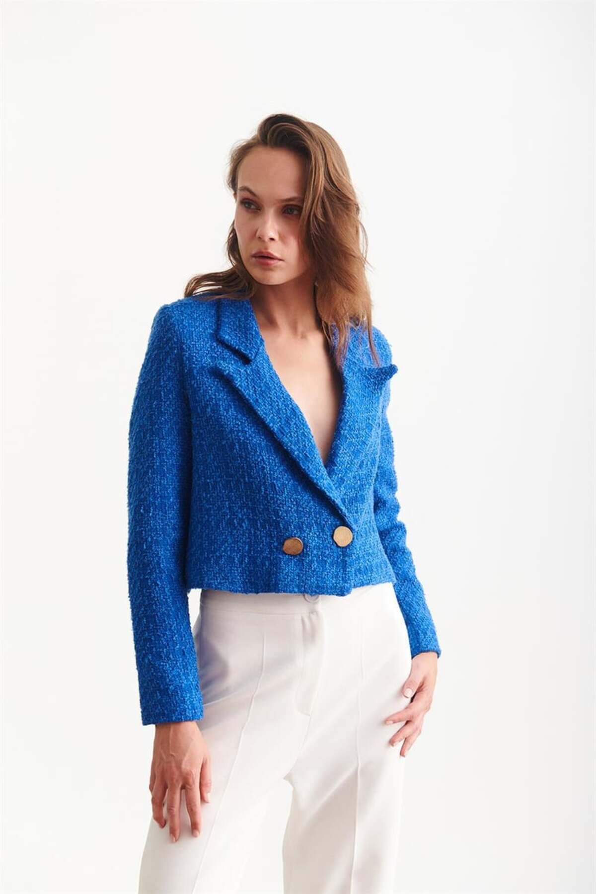 buqre s moda Women s Gold Buttoned Crop Tweed Chanel Jacket Trendyol